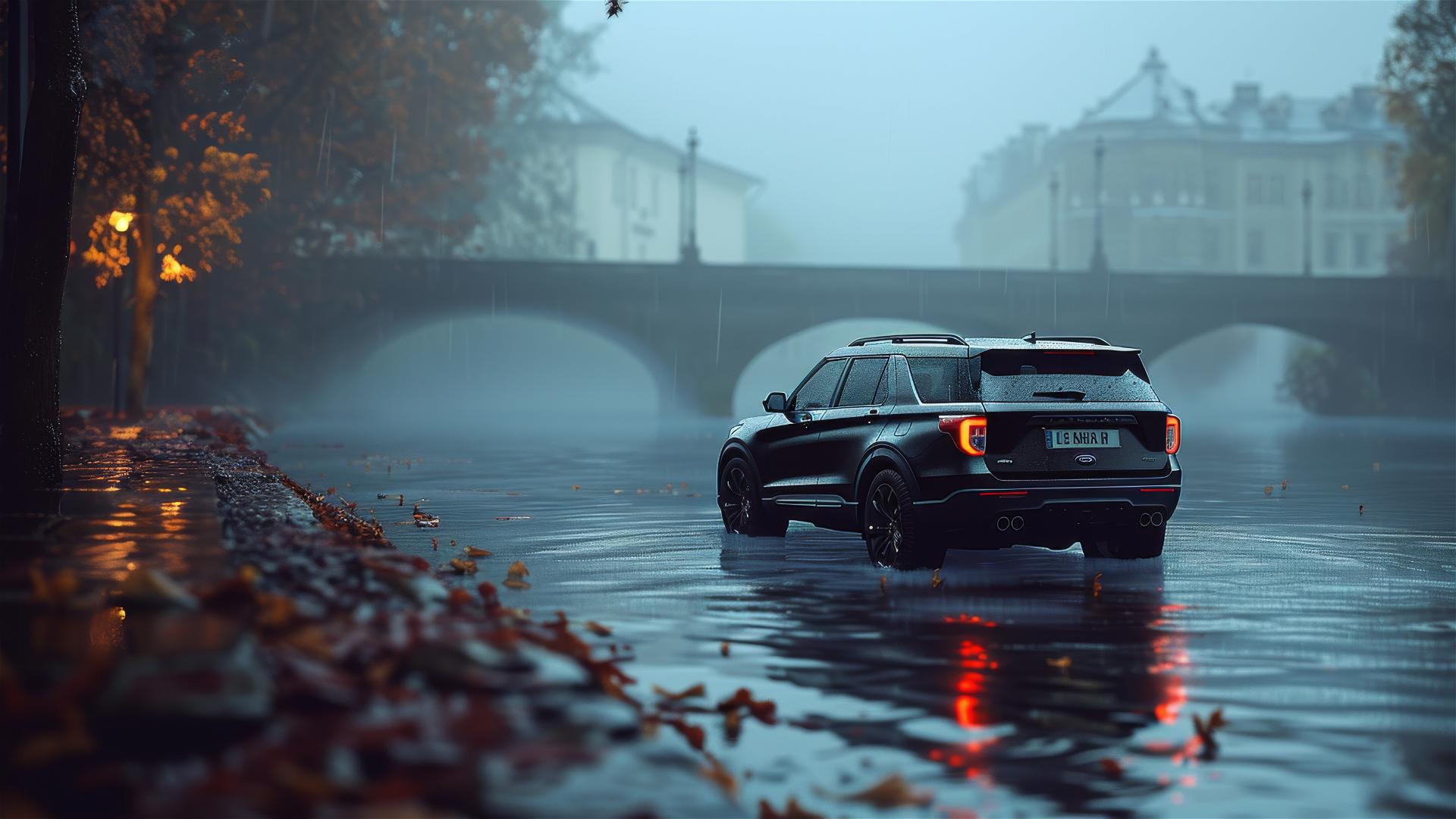 Ford Explorer in dim, gothic gloomy setting, closeup view with fog, photorealistic