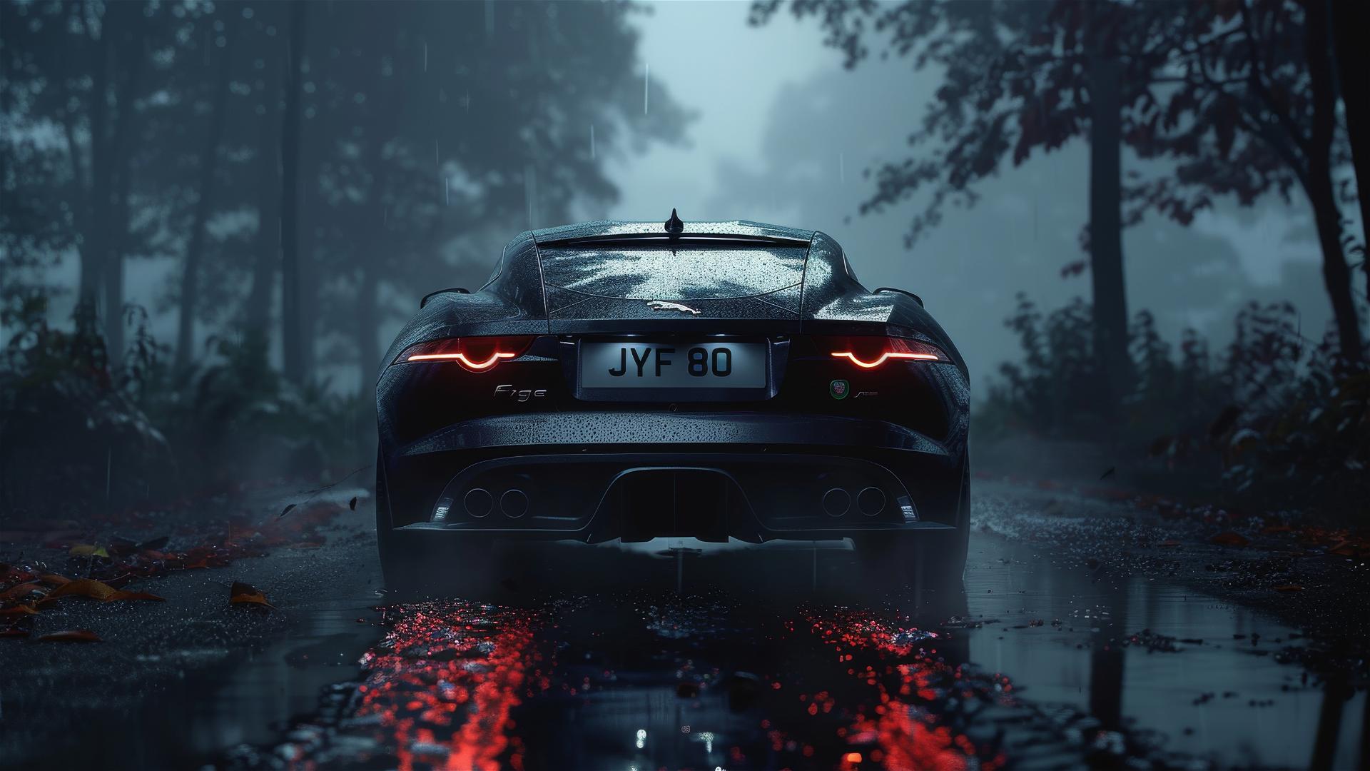Photorealistic closeup of a gloomy, foggy Jaguar F-Type