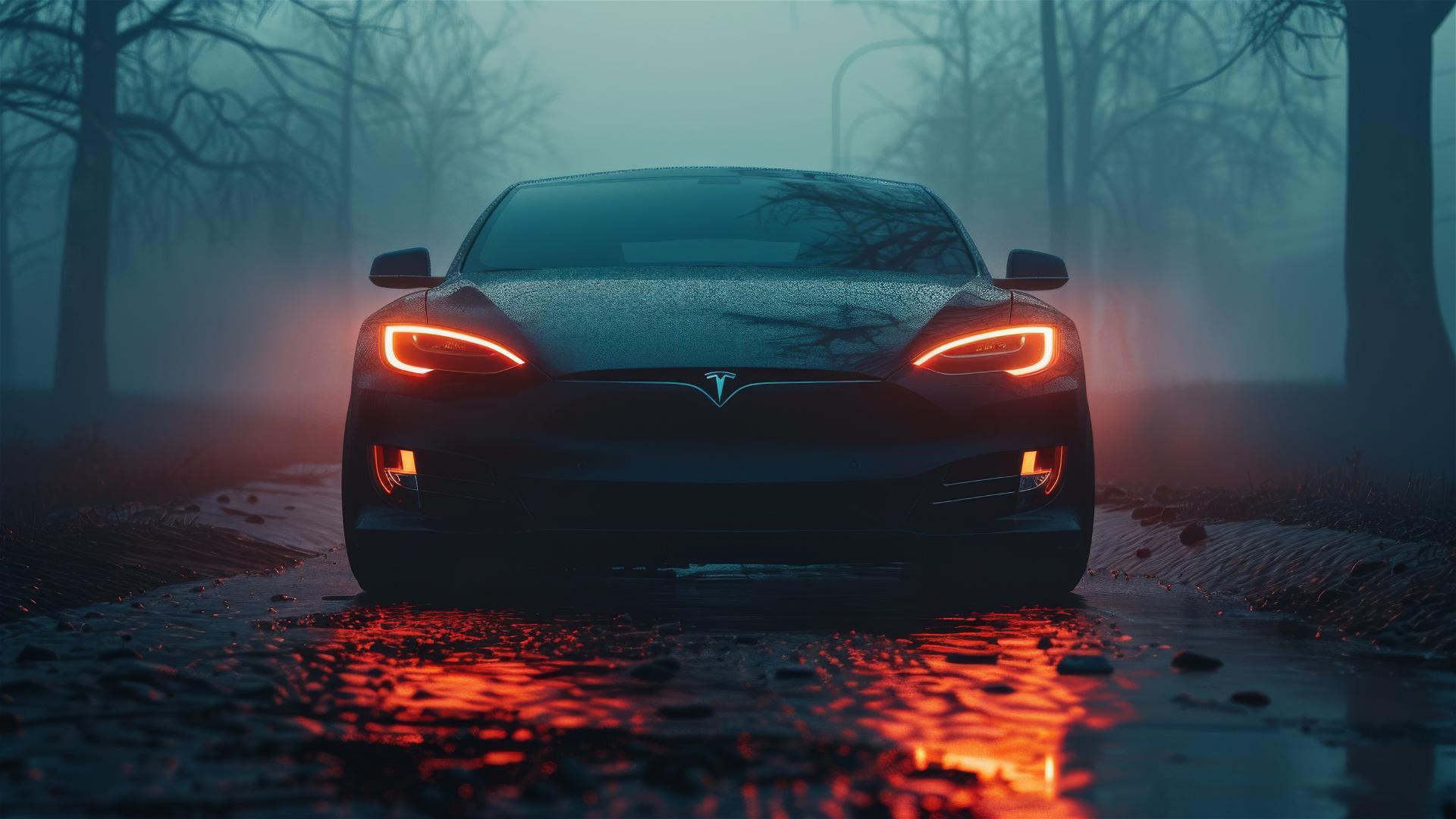 Close-up of Tesla Model S in dim, foggy setting with gothic gloom