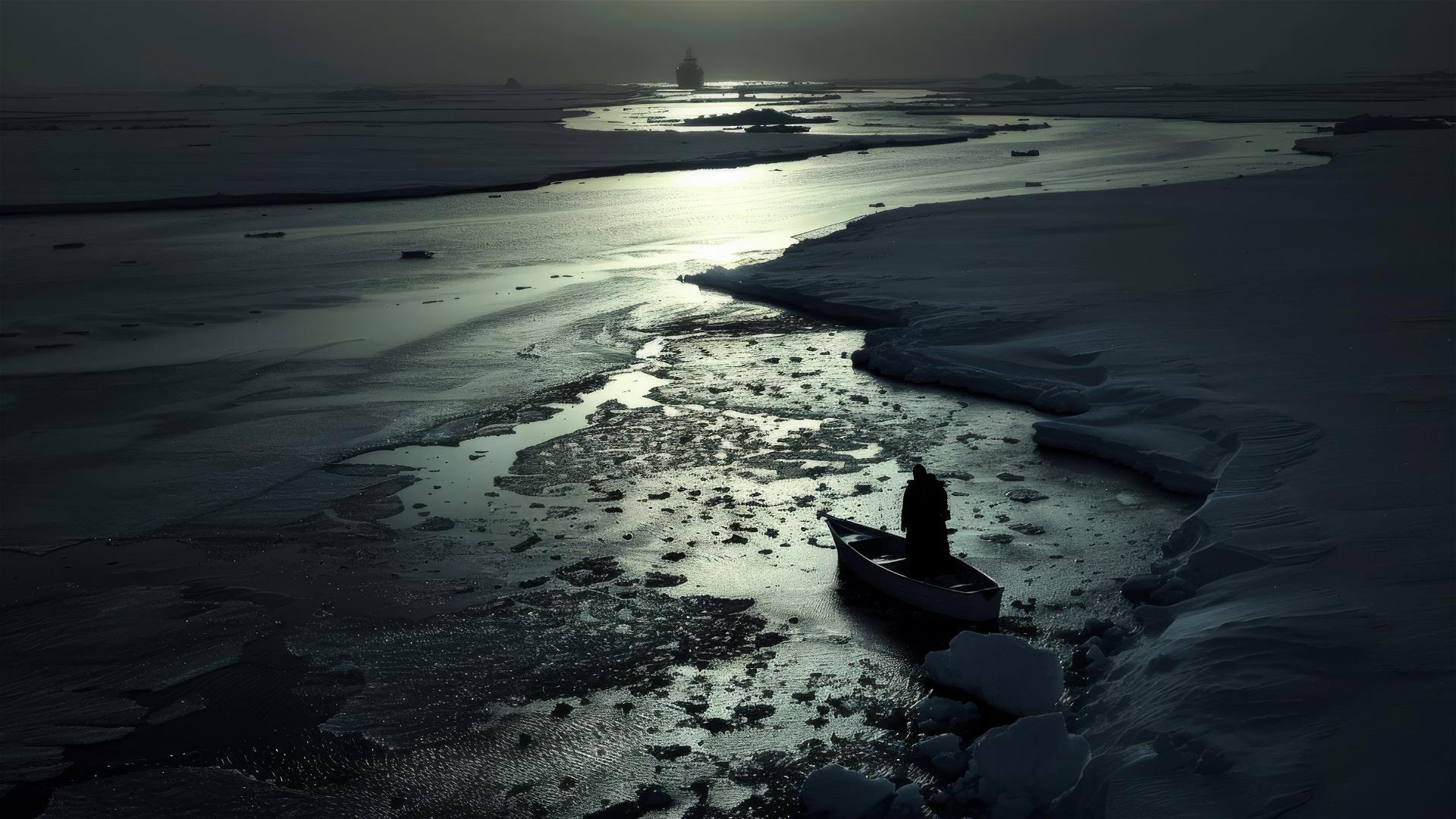 Aerial view of unknown Antarctica with a dark figure on the ground embodying loneliness and stillness
