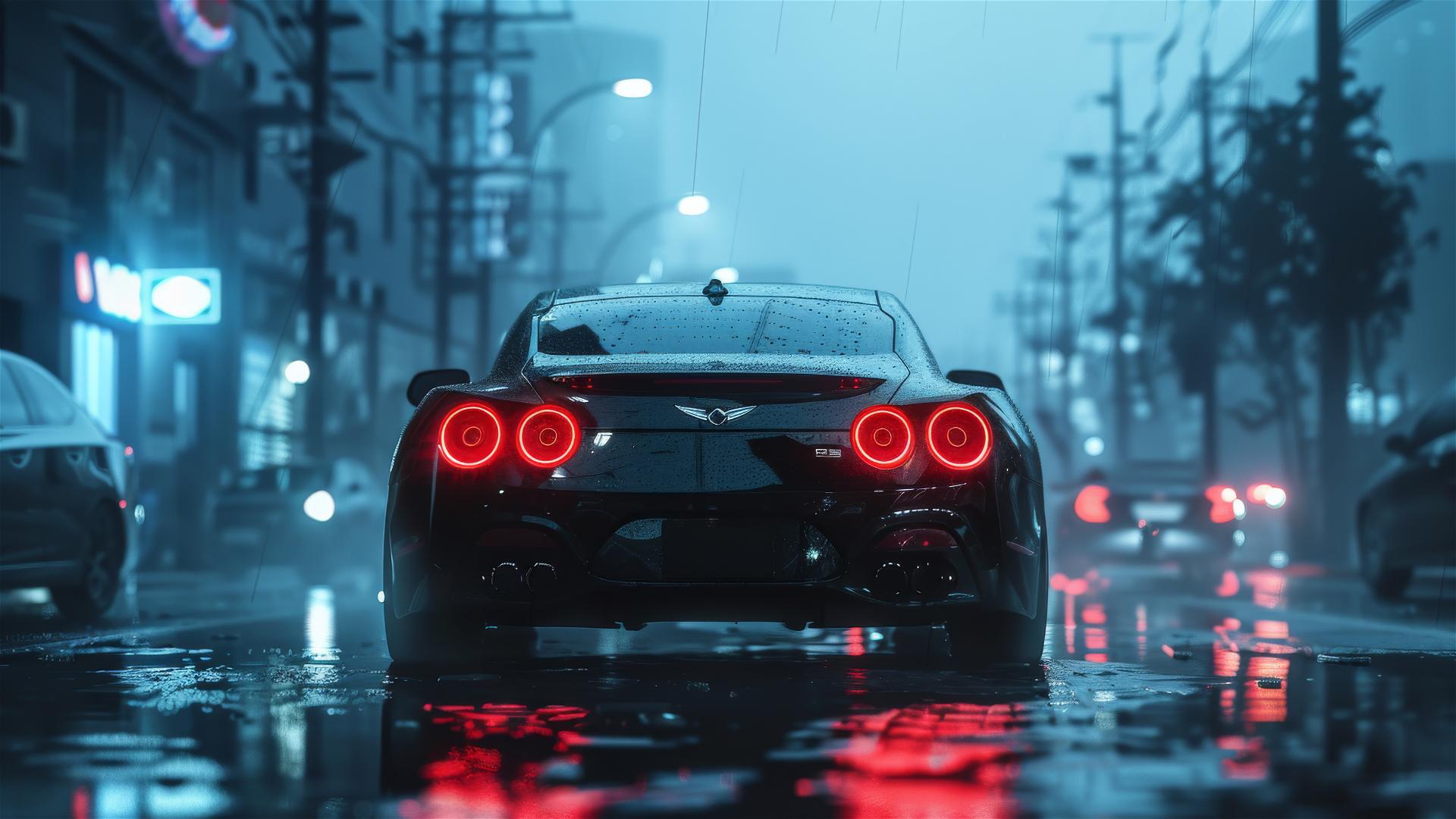 A closeup of a Genesis G70 in dim, gothic lighting with a foggy background
