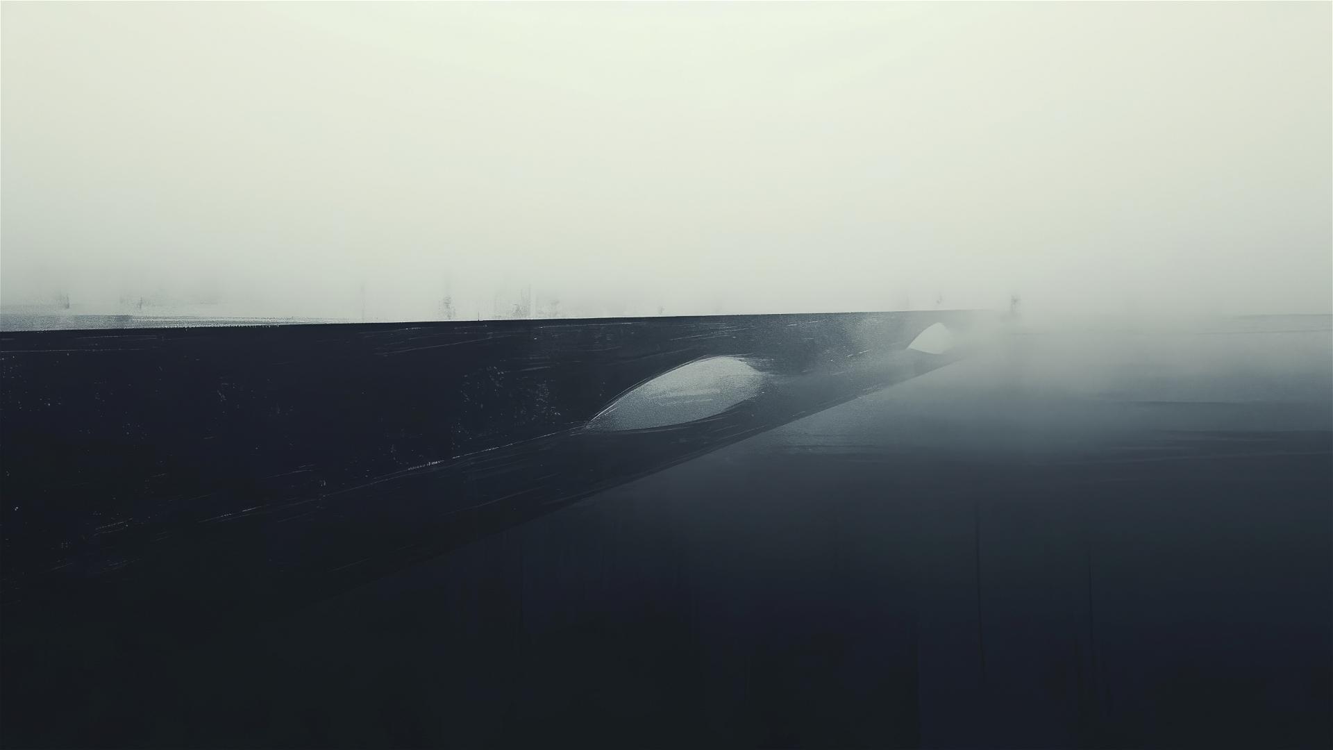 Minimalist aesthetic, darkened old bridge barely visible in fog, monochrome scene swallowed by mist