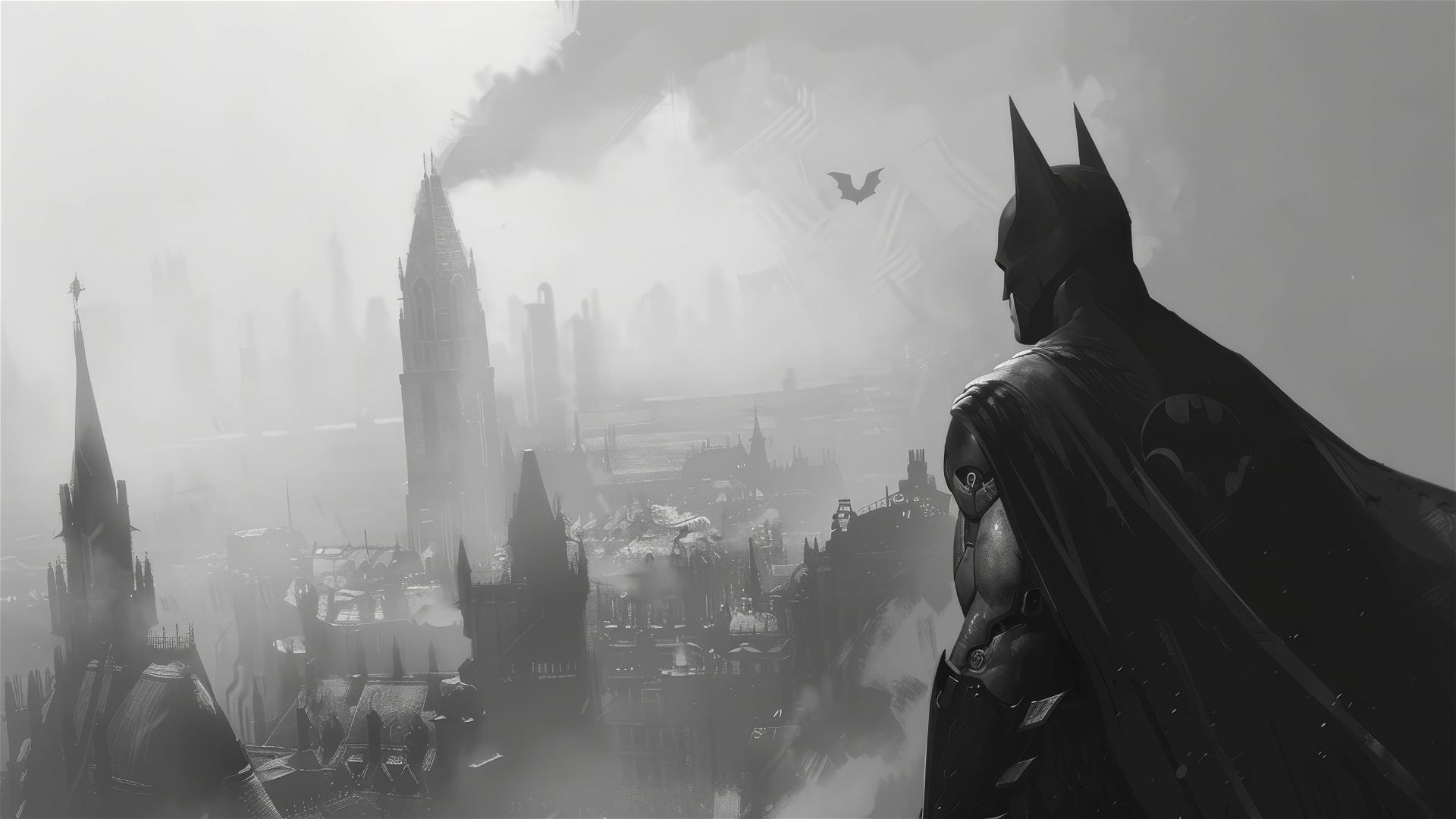 Batman observing Arkham City from afar in a grayscale illustration with a white background in landscape format