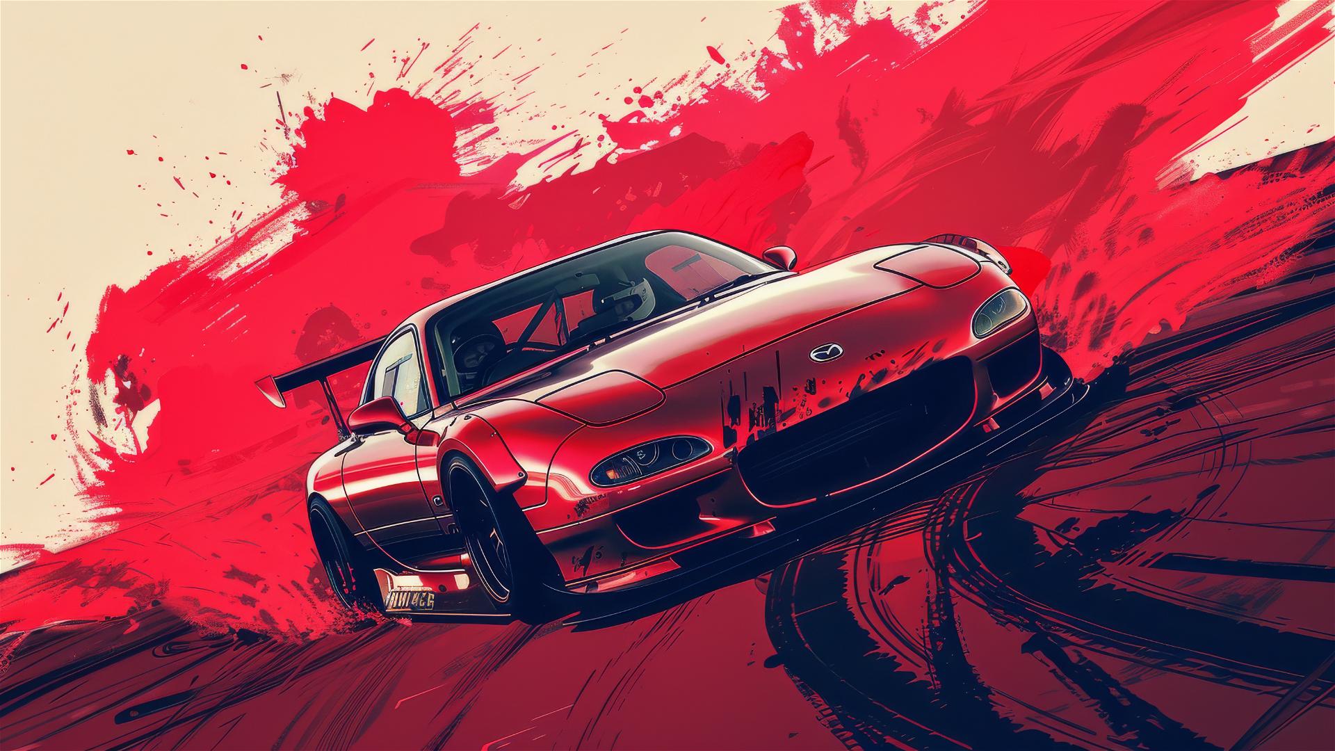 Red Mazda FD in manga style with crisp lines drifting