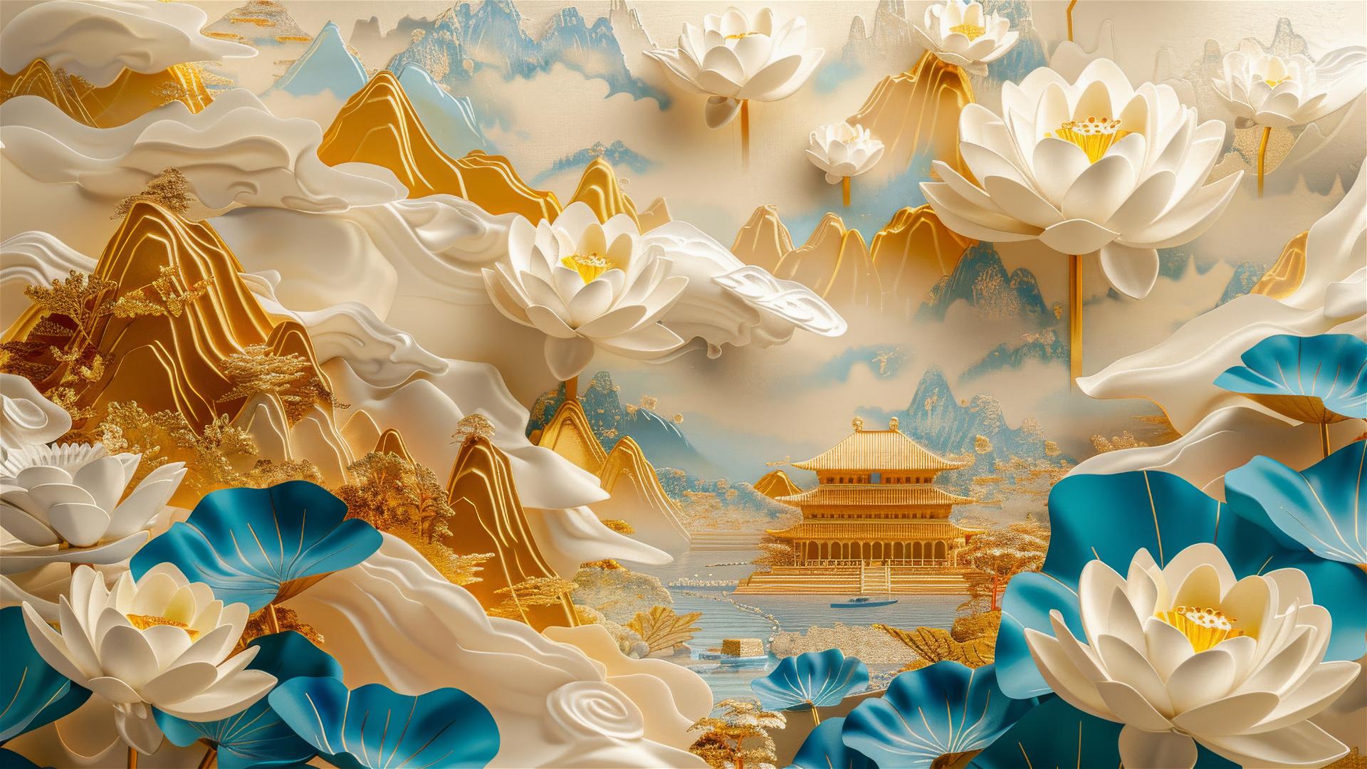 3D painting of golden mountains, serene temple, lotus flowers, paper carving style