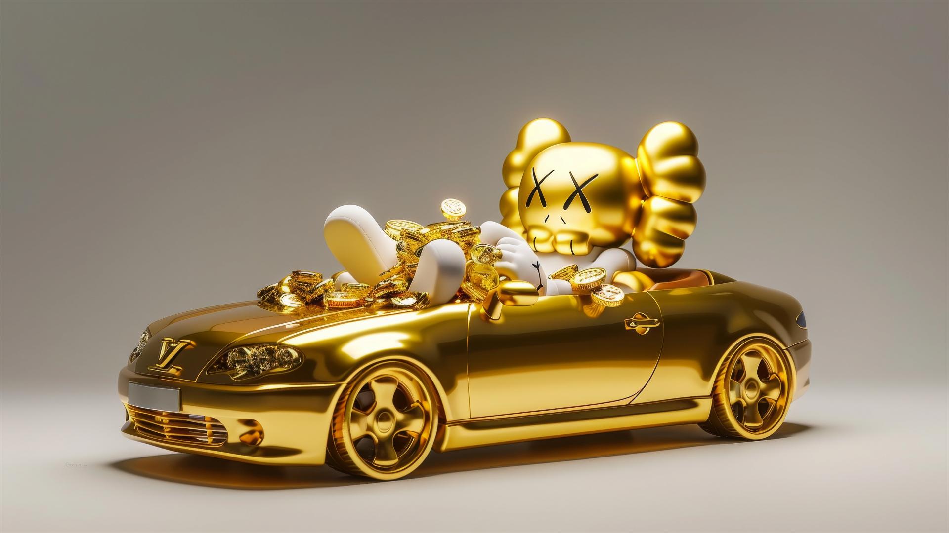2D cartoon art of Kaws-style Louis Vuitton companion driving a golden car with gold coins and a chicken nearby