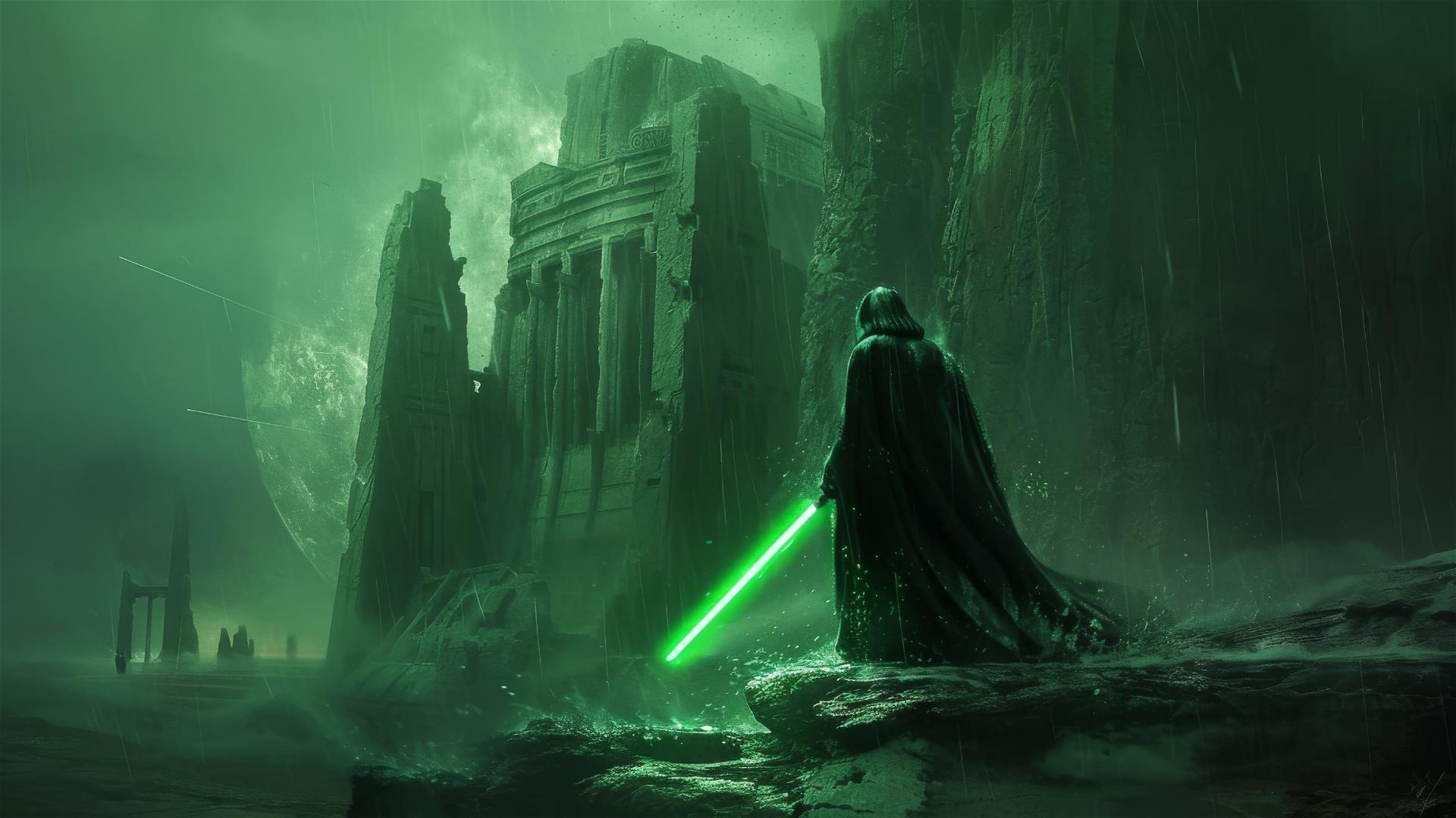 A Jedi stands in the rain on a cliff overlooking an abandoned temple, green lightsaber glowing