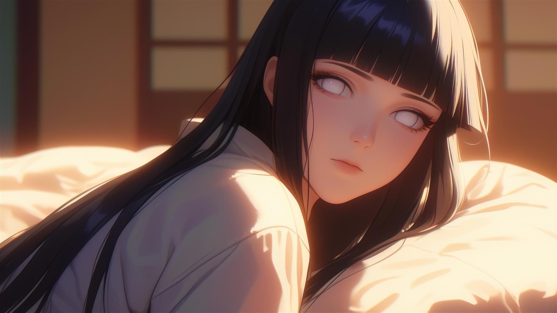 Hinata Hyuga resting at a modern hotel with warm light glow