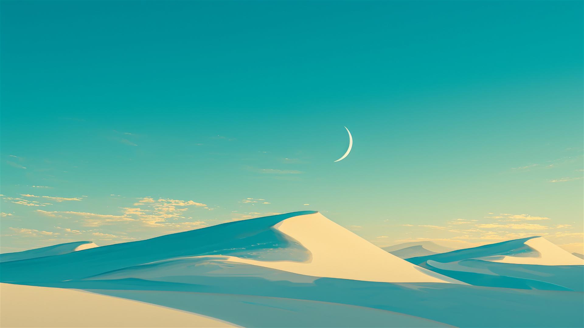 Sweeping dunes under a crescent moon with soft shadows in a serene desert landscape