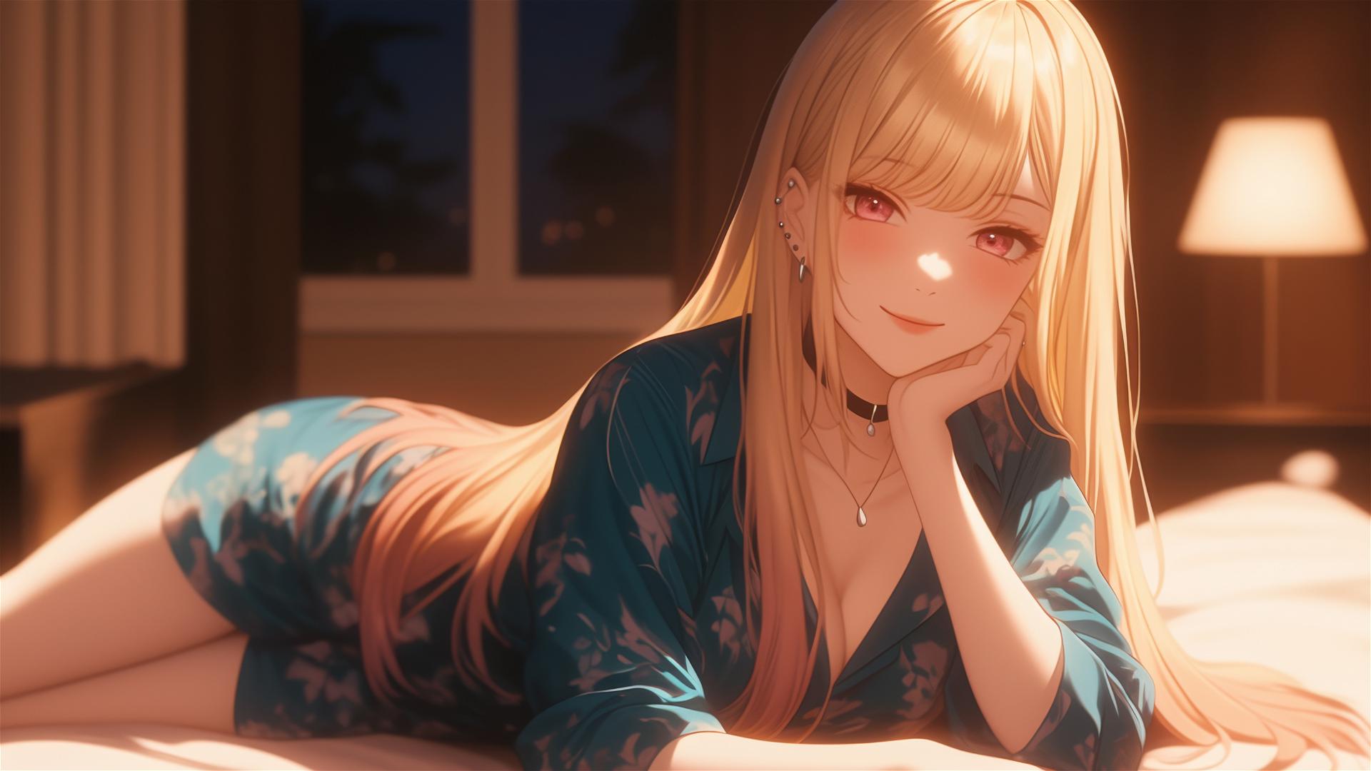 Marin Kitagawa sitting on a hotel bed under moonlight with silky blonde hair