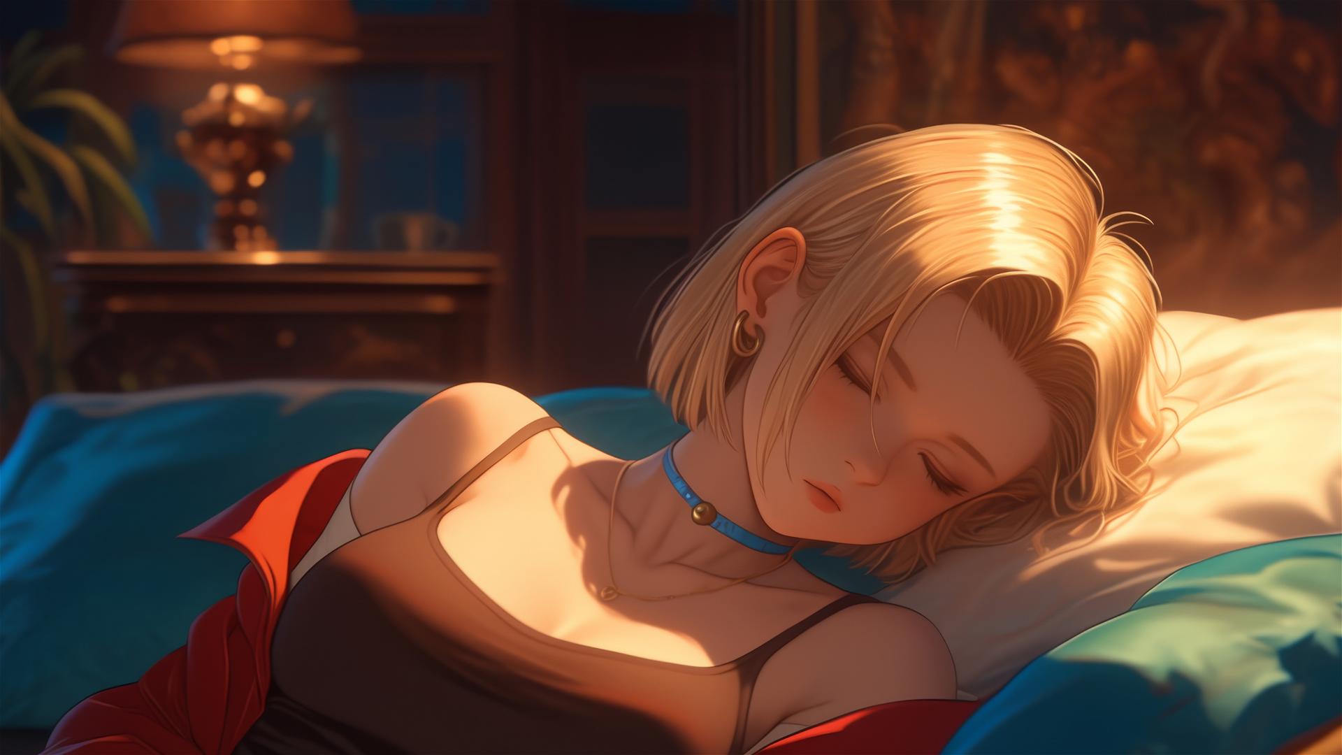 Android 18 relaxing in a modern hotel room with moonlight glow.