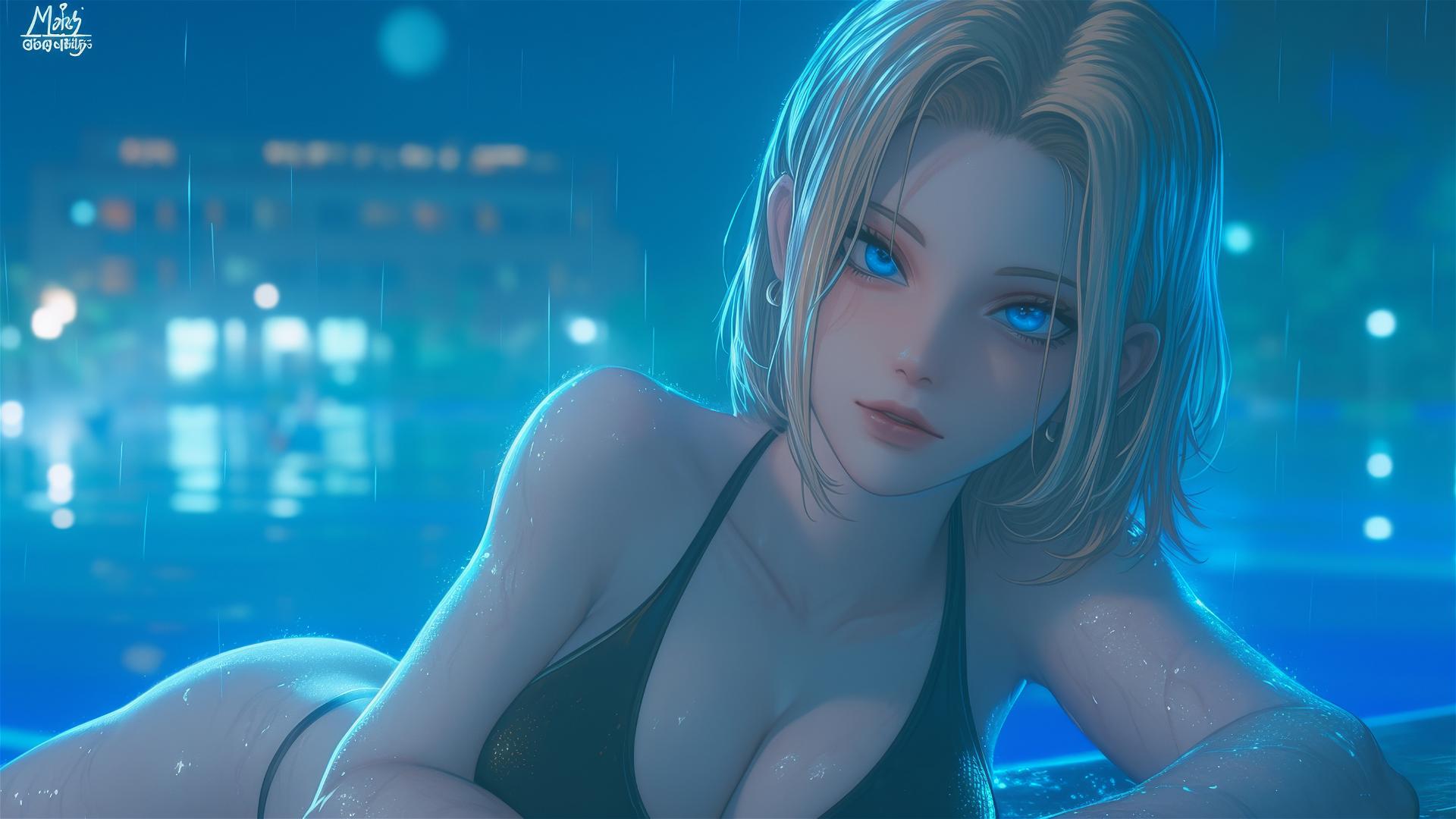 Android 18 resting by a rainy pool under moonlight