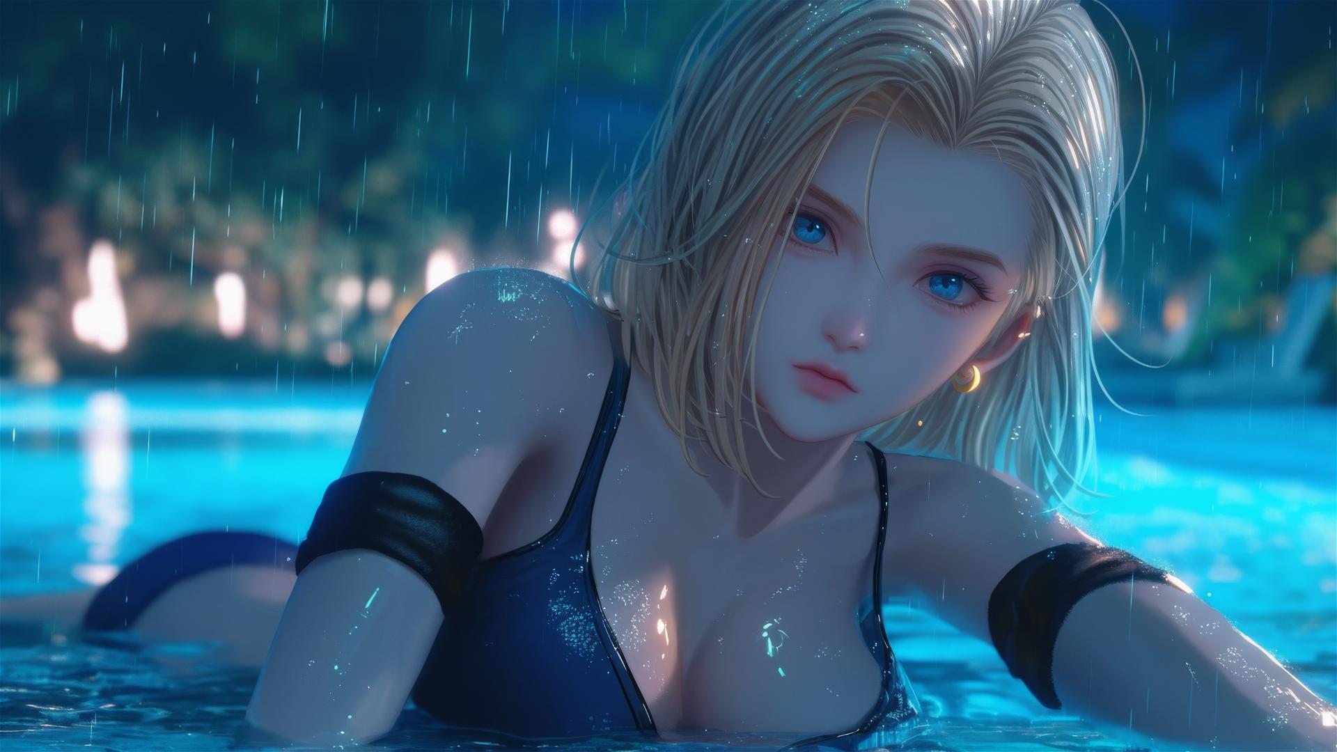Android 18 relaxing by a rainy pool with moonlight glow