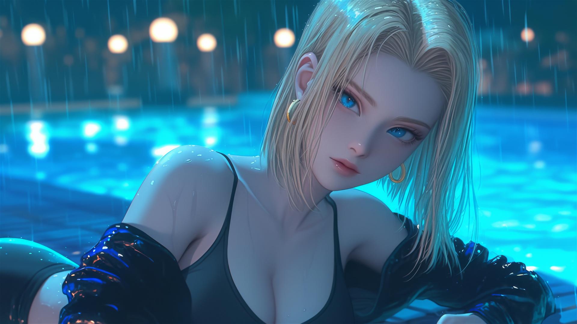 Android 18 resting by a rainy pool in moonlight