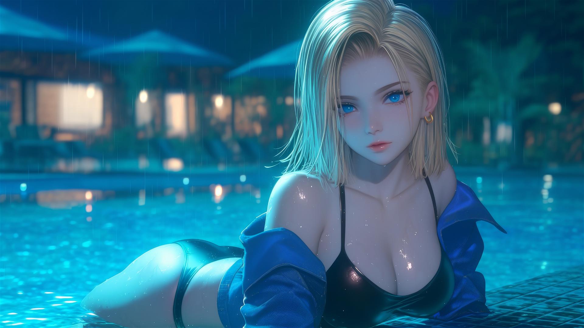 Android 18 resting by a rainy pool under moonlight.