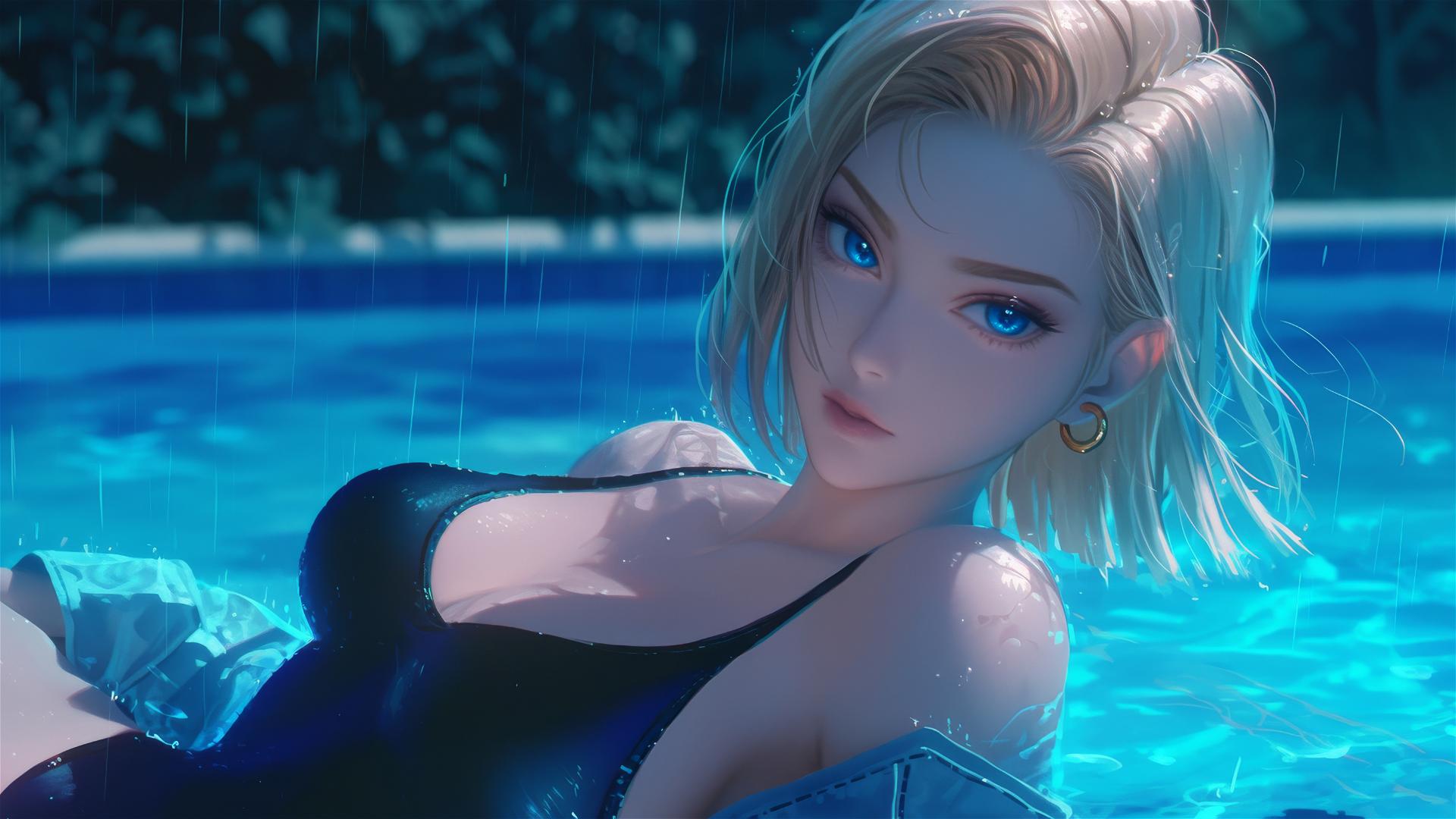 Android 18 relaxing by a pool under moonlight and rain