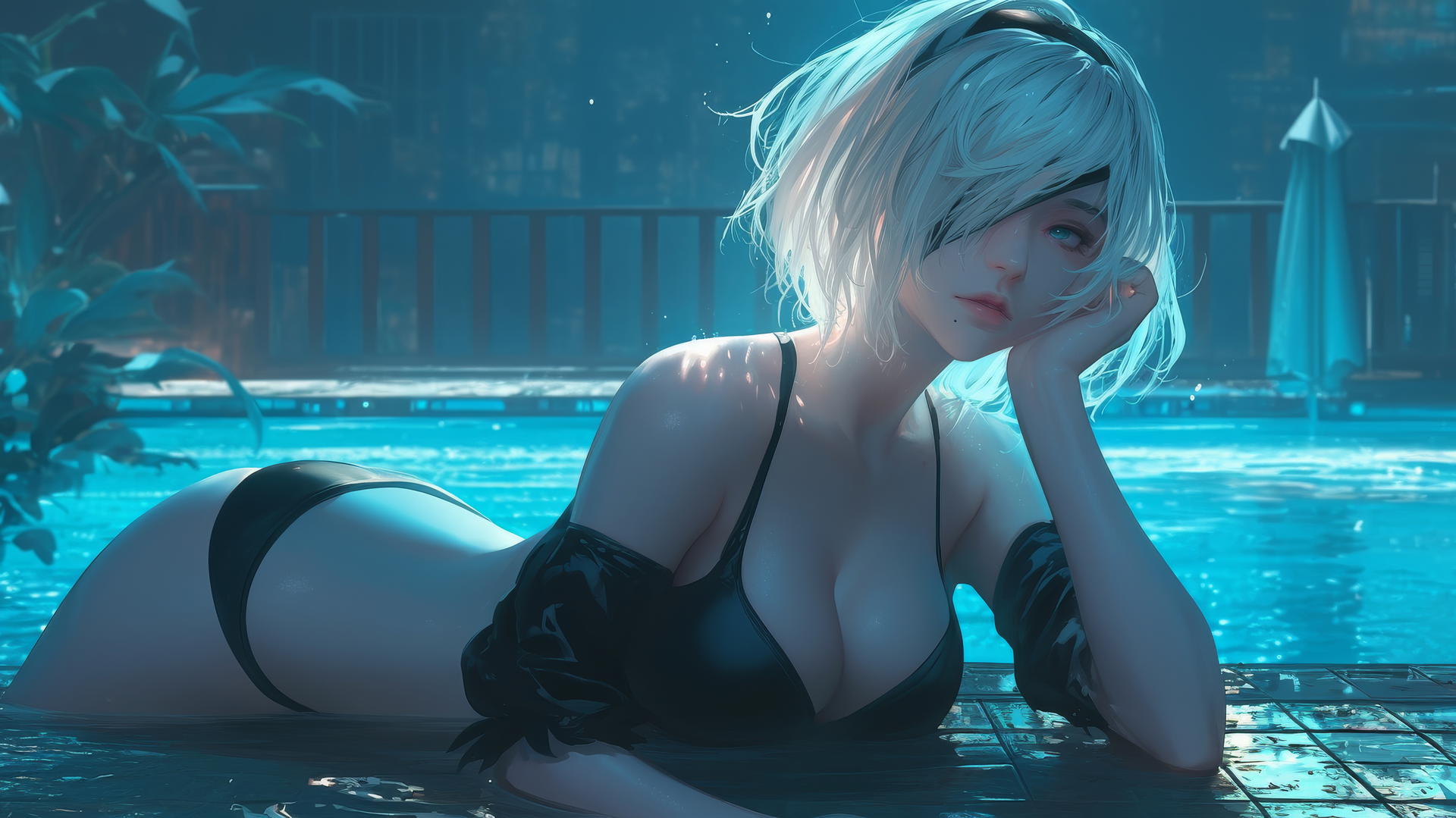 2B from Nier relaxing at a rainy swimming pool with moonlight glow