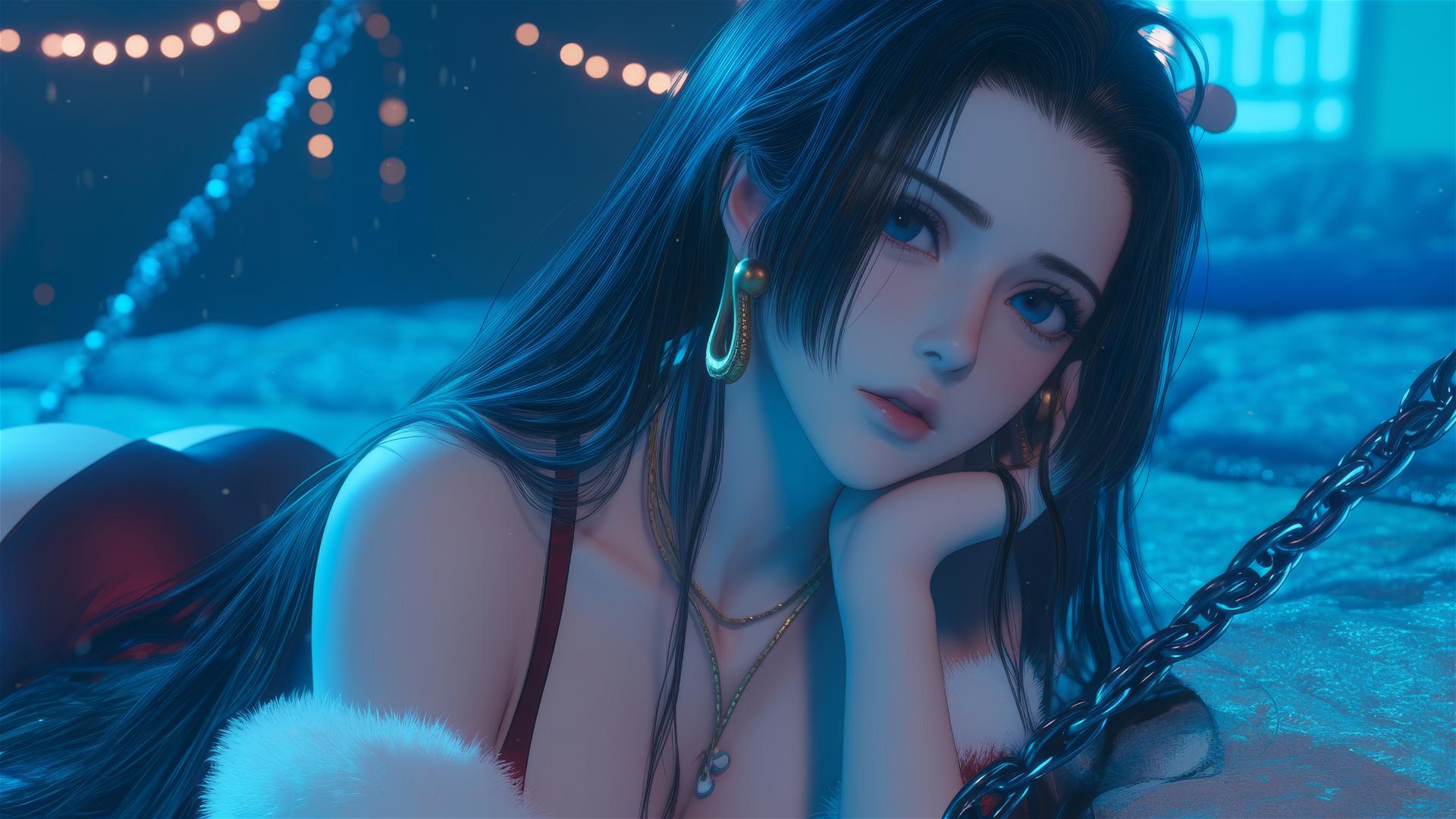 Boa Hancock in Christmas costume, bound in iron chains, soft neon glow
