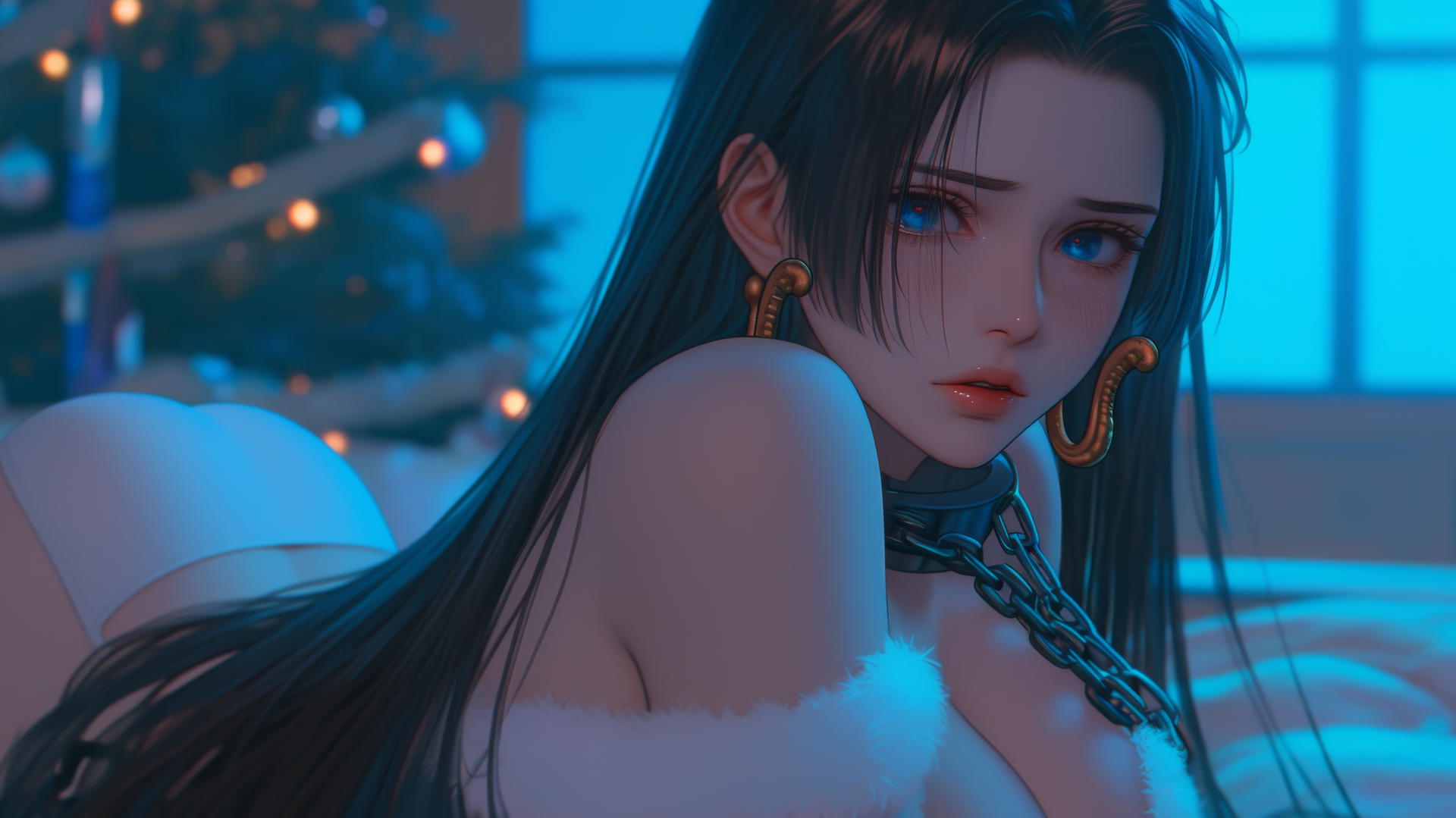 Boa Hancock in a Christmas costume, iron chains, neon light, modern hotel room
