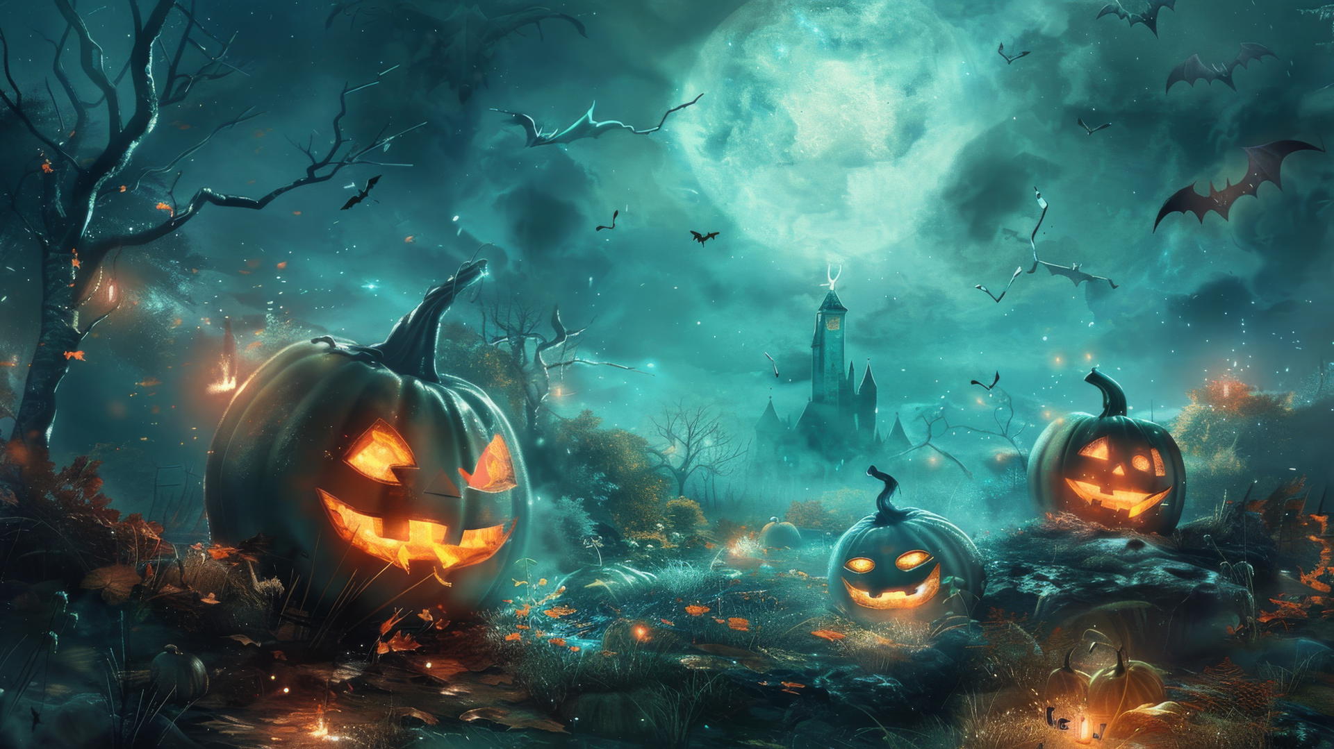 Spooky Halloween scene with pumpkins, bats, and a full moon.