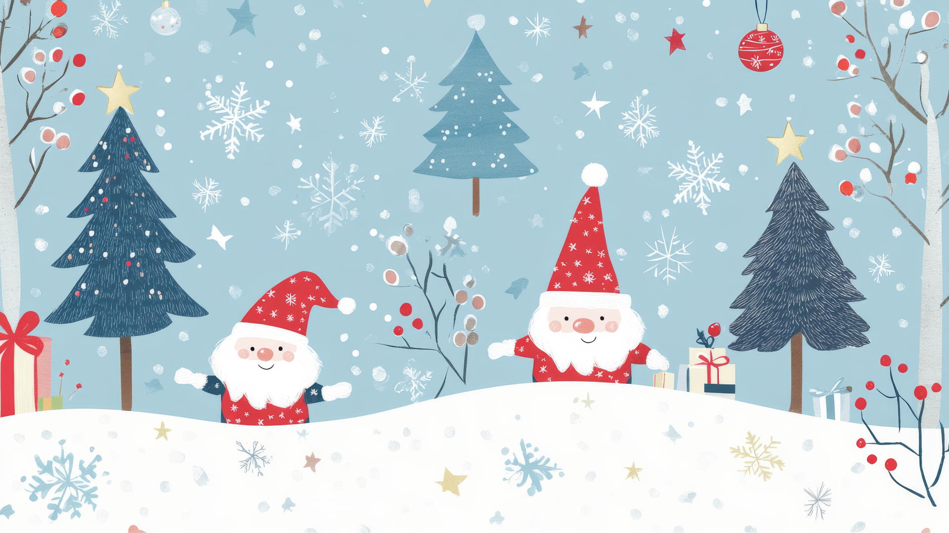 cute Christmas wallpaper preppy with gnomes, snow-covered trees, and twinkling stars