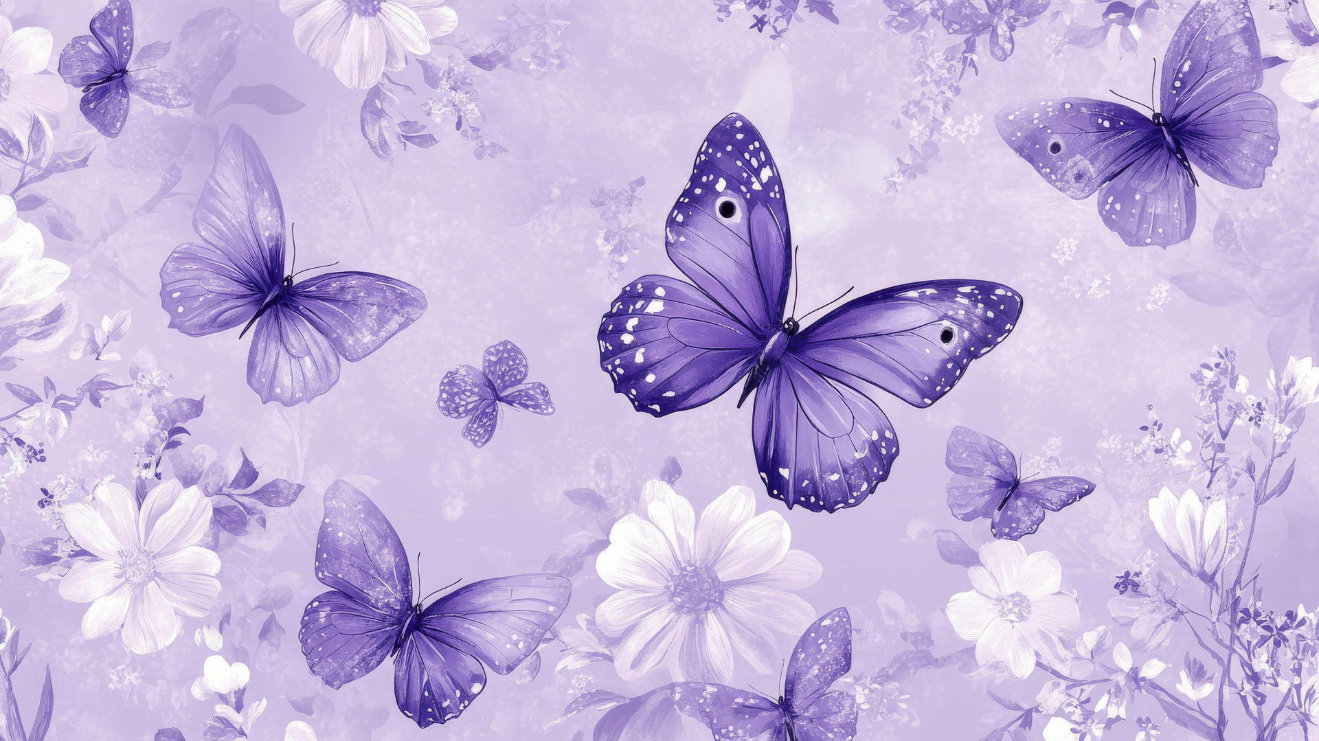 Purple preppy wallpaper with butterflies and white flowers