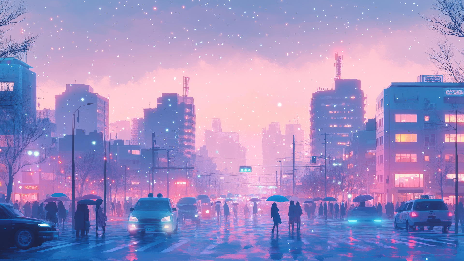 A cute pastel cityscape at dusk, glowing windows, tiny cars, people with umbrellas, gradient sky with stars, cute aesthetic wallpapers