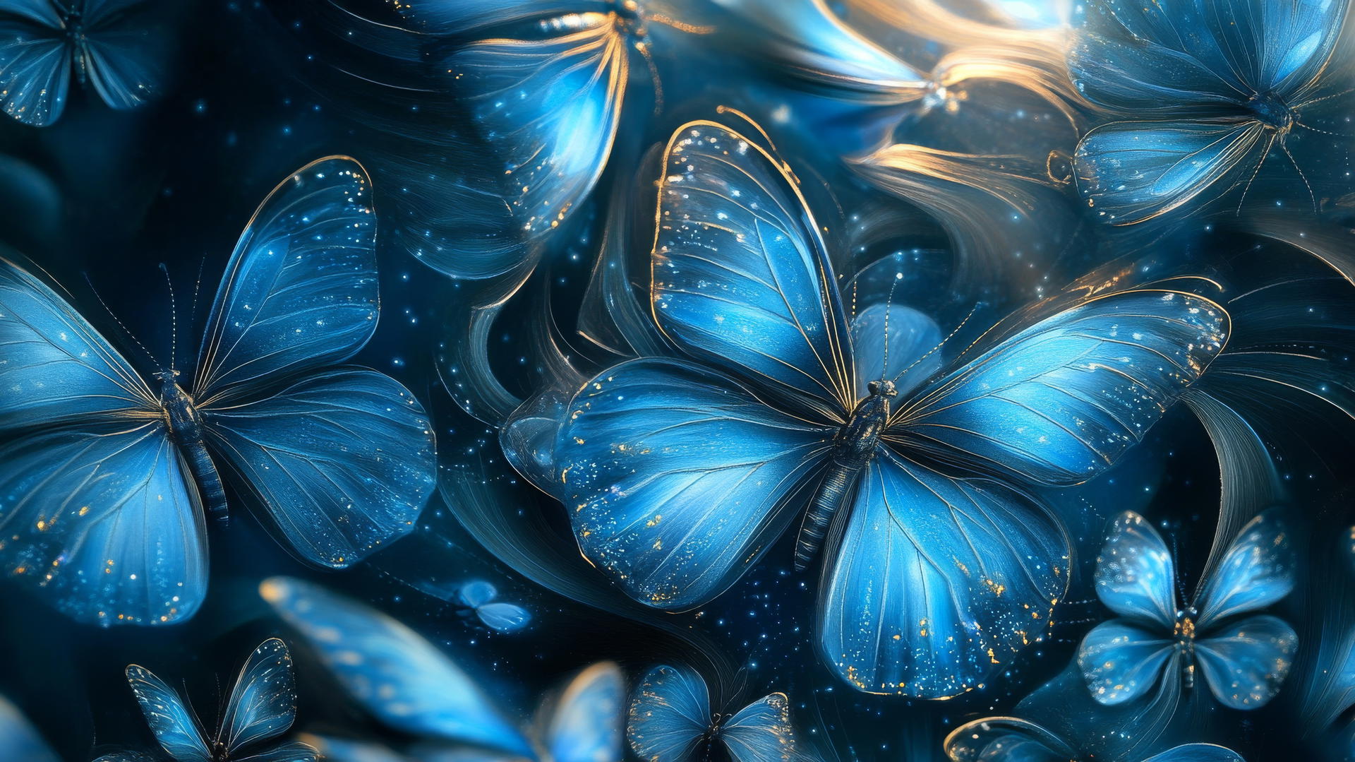 abstract pattern of blue butterflies with luminous accents and soft shadows