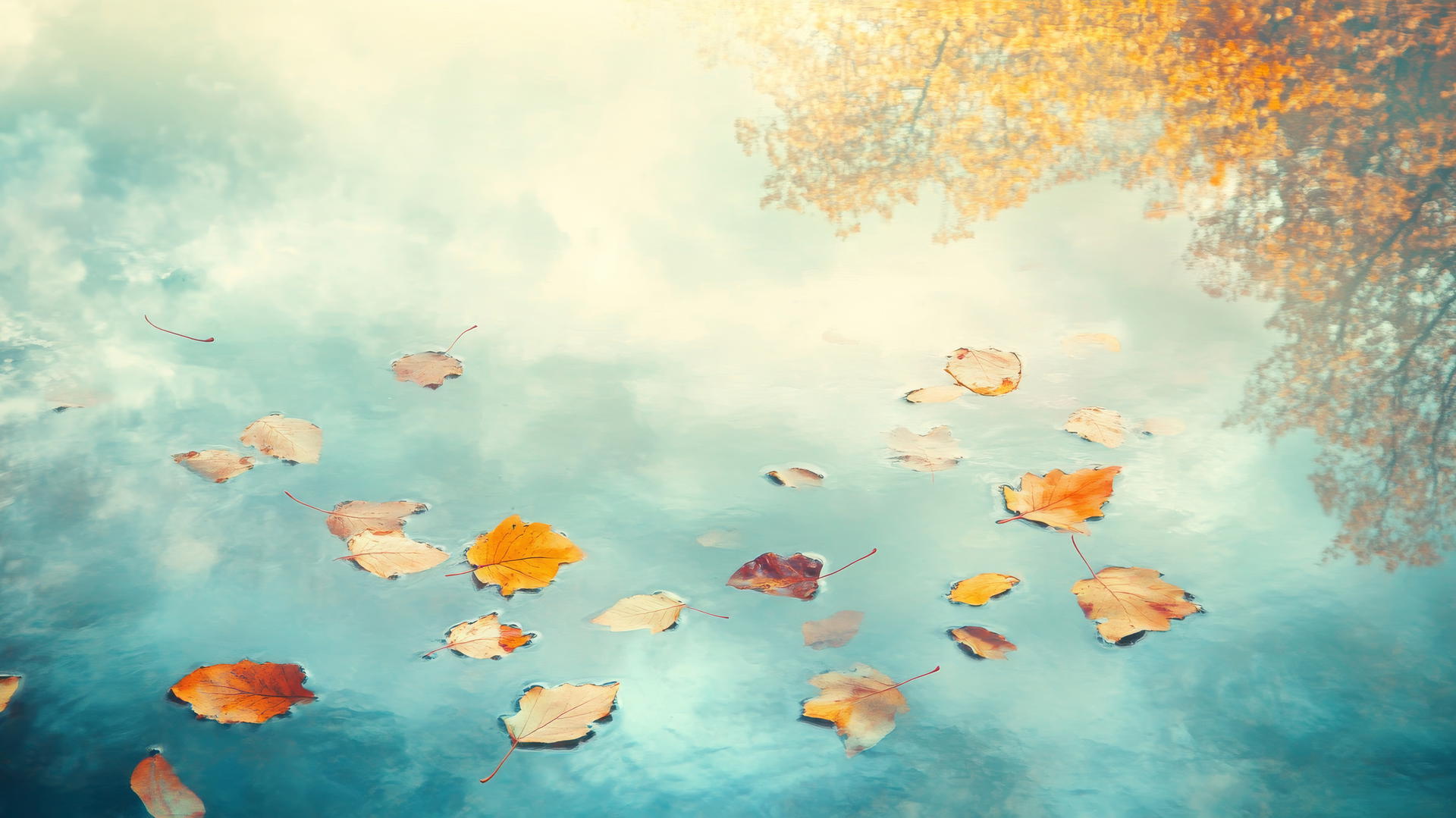 Aesthetic thanksgiving wallpaper with golden leaves floating above a mirror-like pond reflecting a cloudy autumn sky.