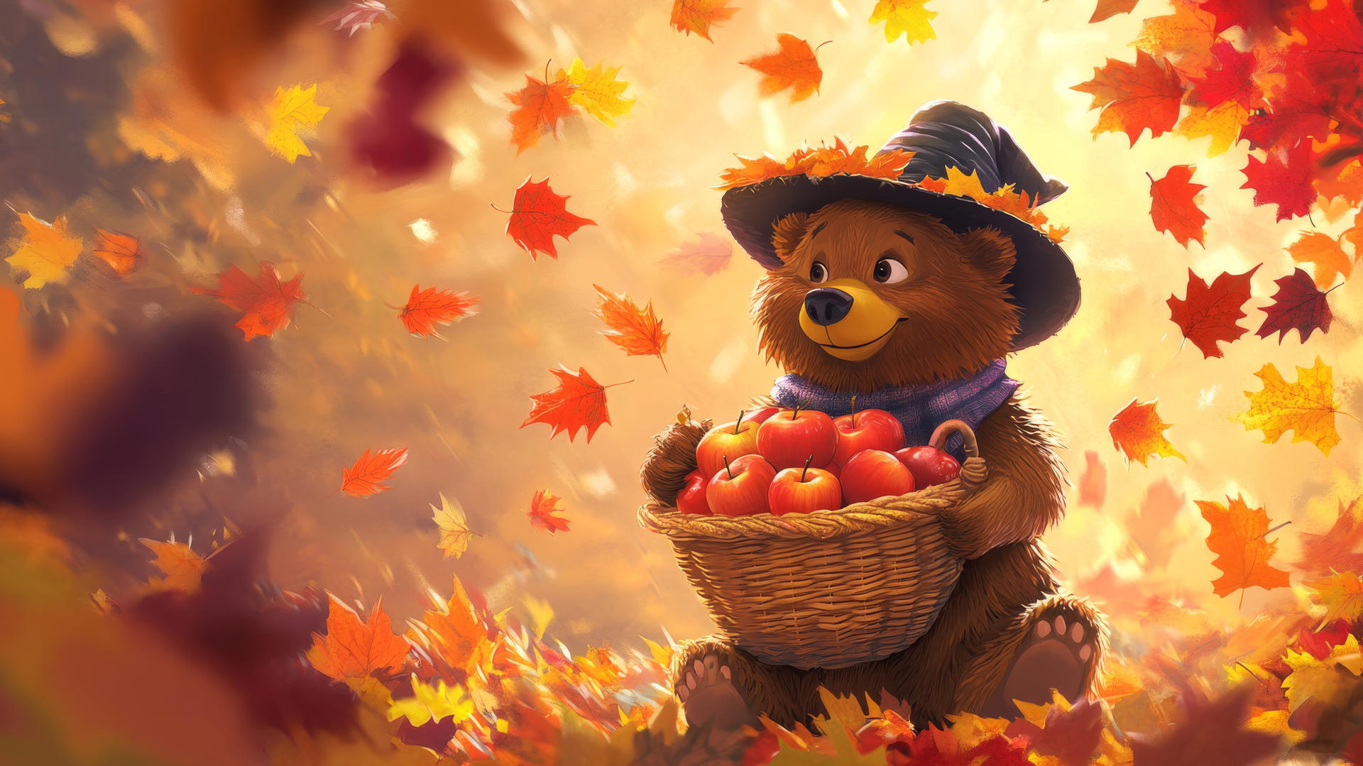 thanksgiving wallpaper cute cartoon bear with pilgrim hat holding apples