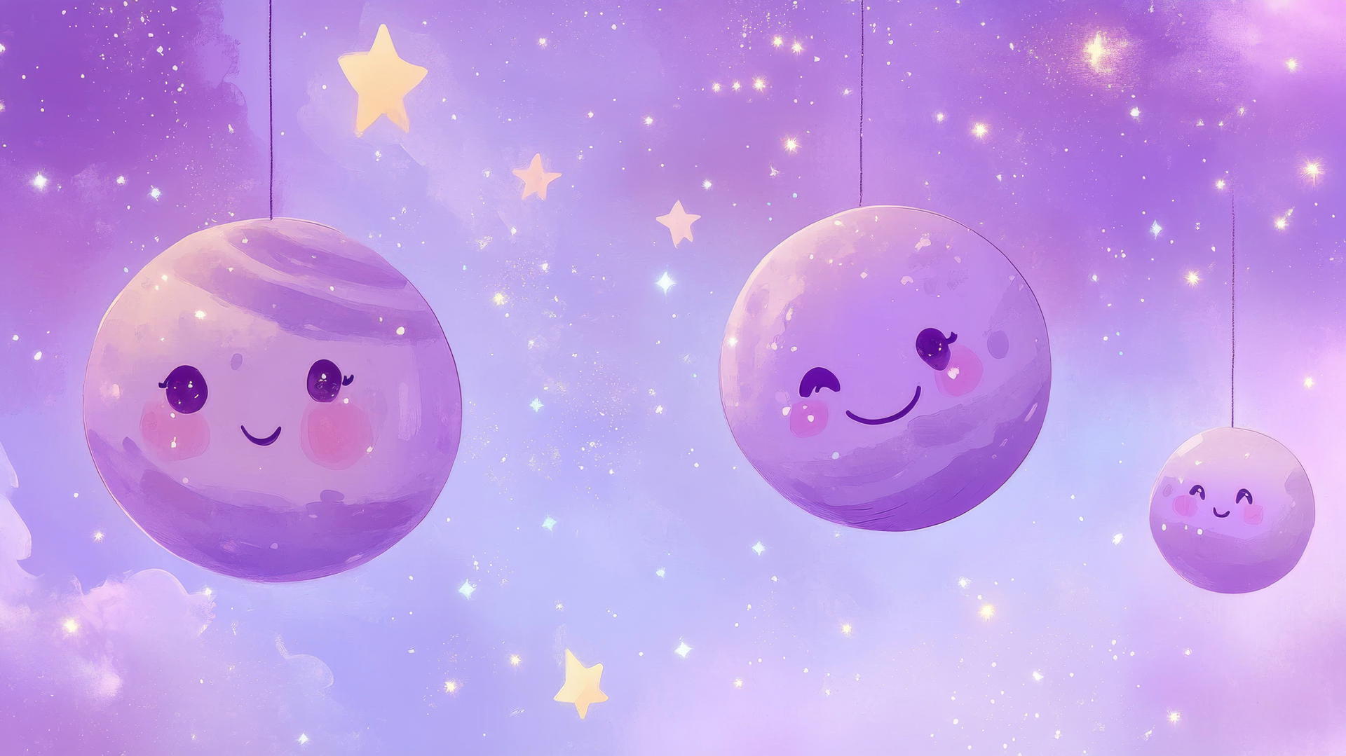 cute purple aesthetic wallpaper with smiling purple planets and twinkling stars