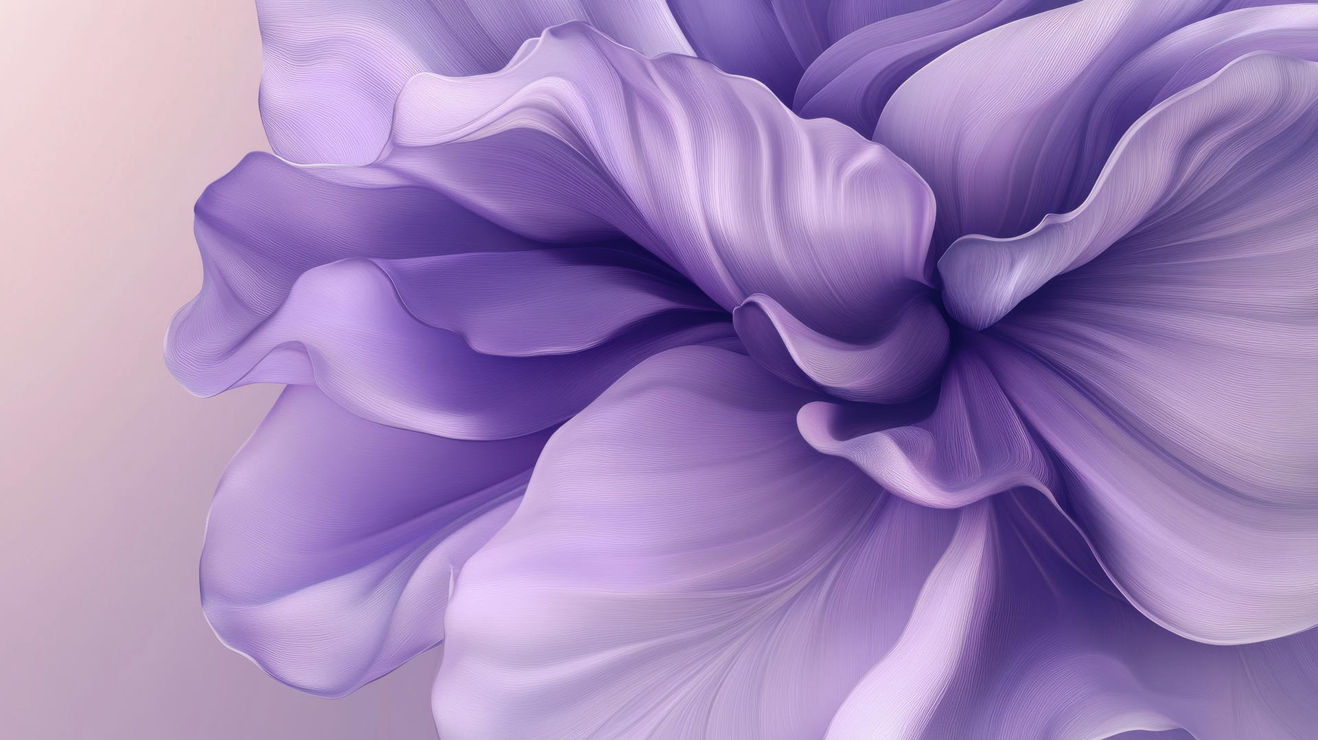 3D-style purple flower wallpaper with large petals on lavender background