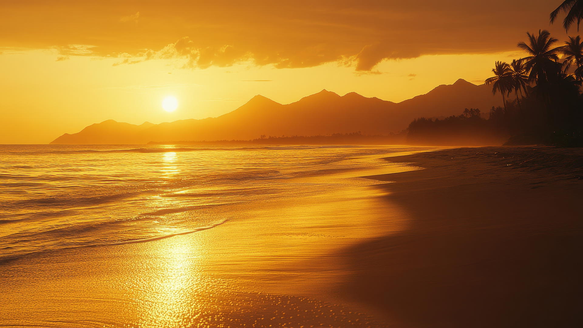 Beach wallpaper aesthetic with a glowing sunset, golden sand, mountains, and palm trees.