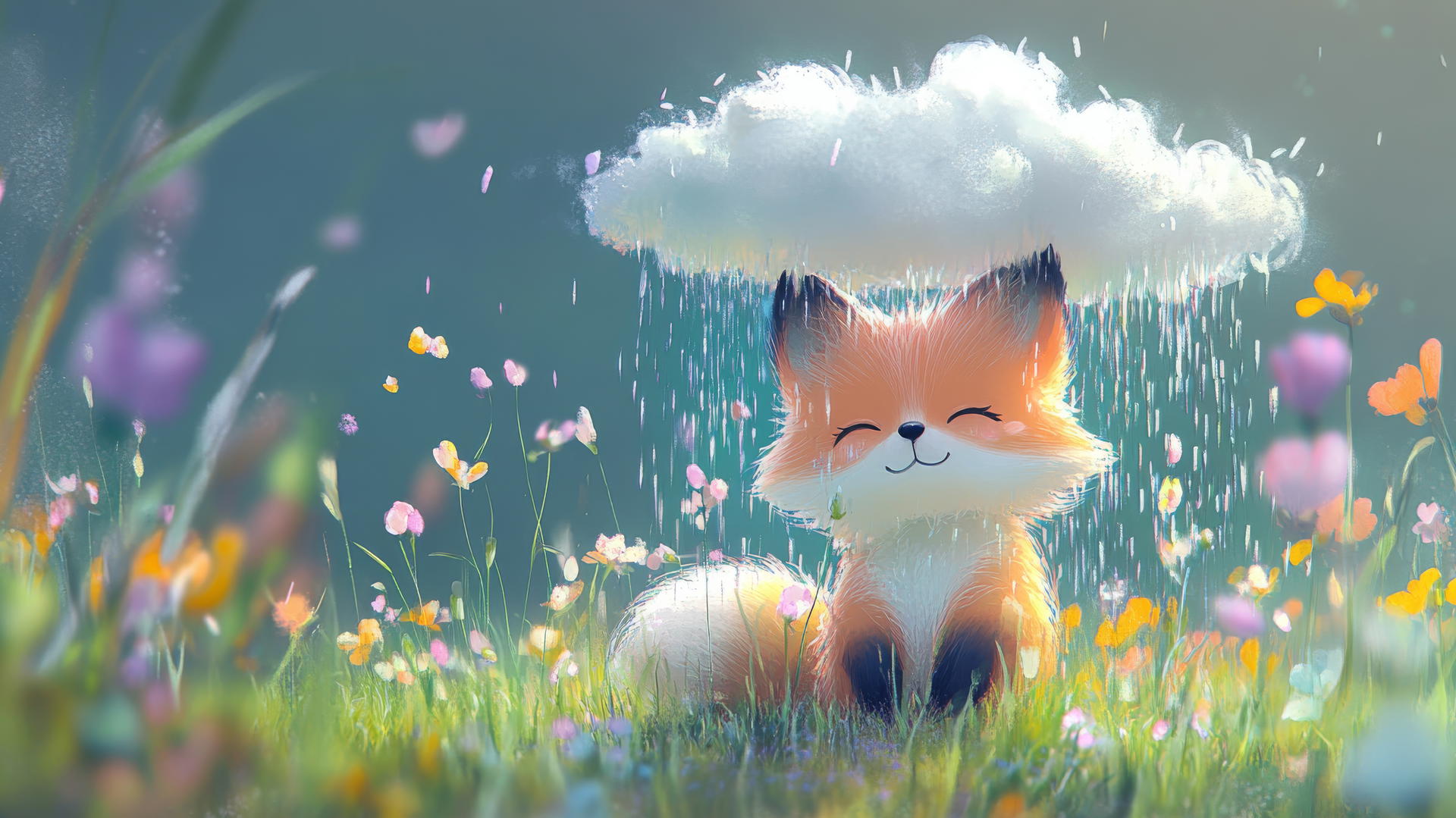 cute spring wallpaper with a fluffy white cloud raining colorful flowers over a smiling baby fox