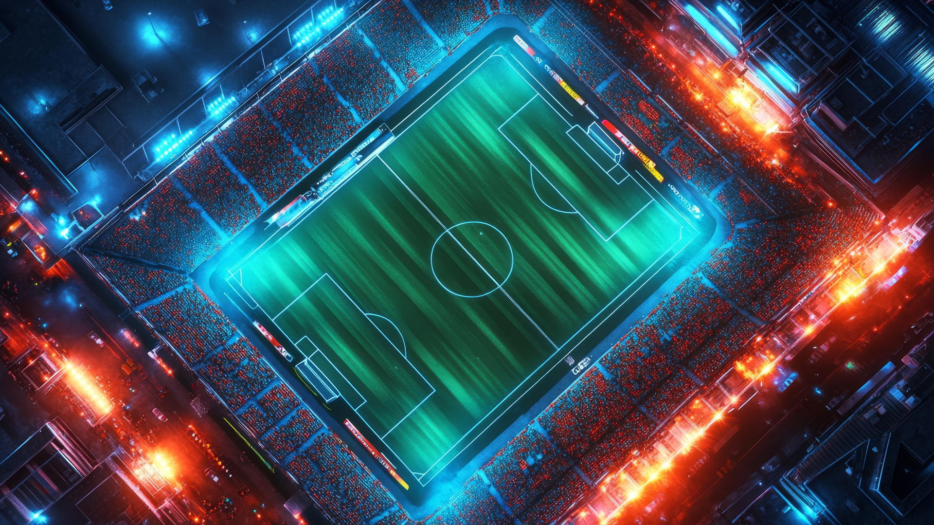 Simple geometric rendering of soccer stadium from above with glowing pitch lines and neon crowd lights