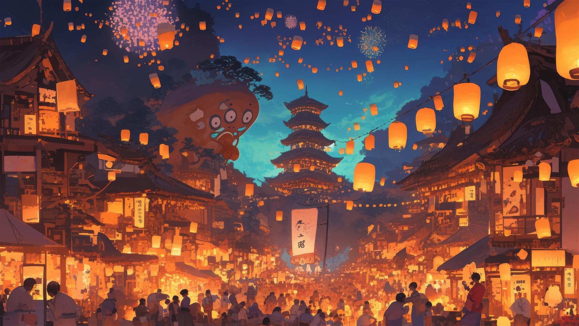 Ghibli-style festival with lanterns and mythical creatures dancing.