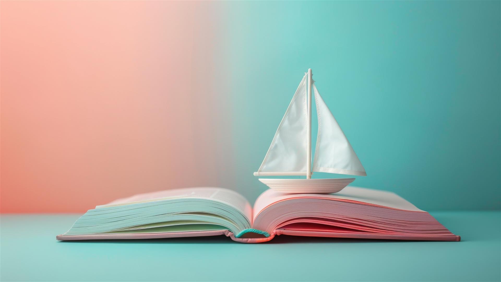 Small sailboat on open book with pastel colors