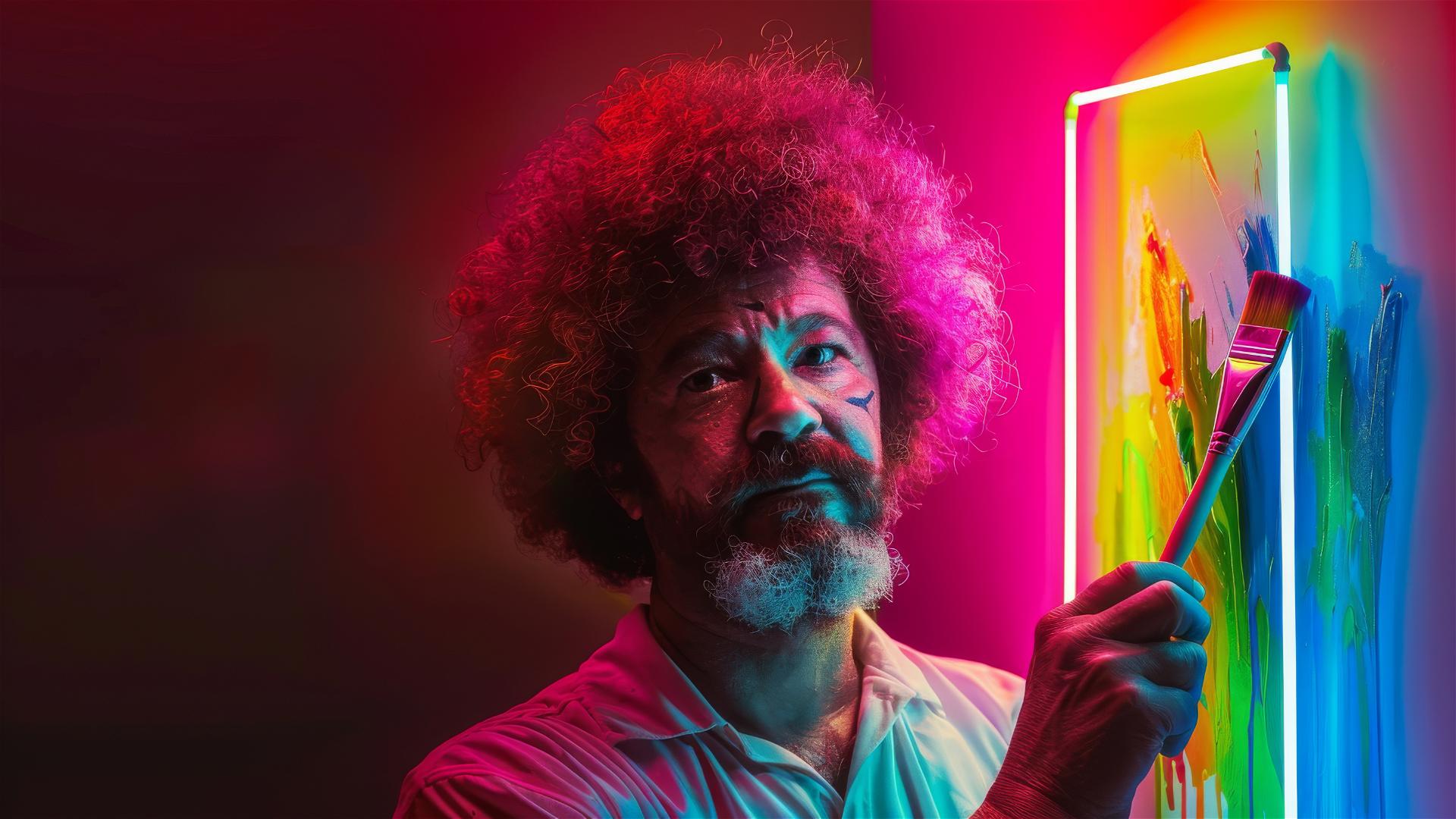 Neon sign of Bob Ross with a paint brush