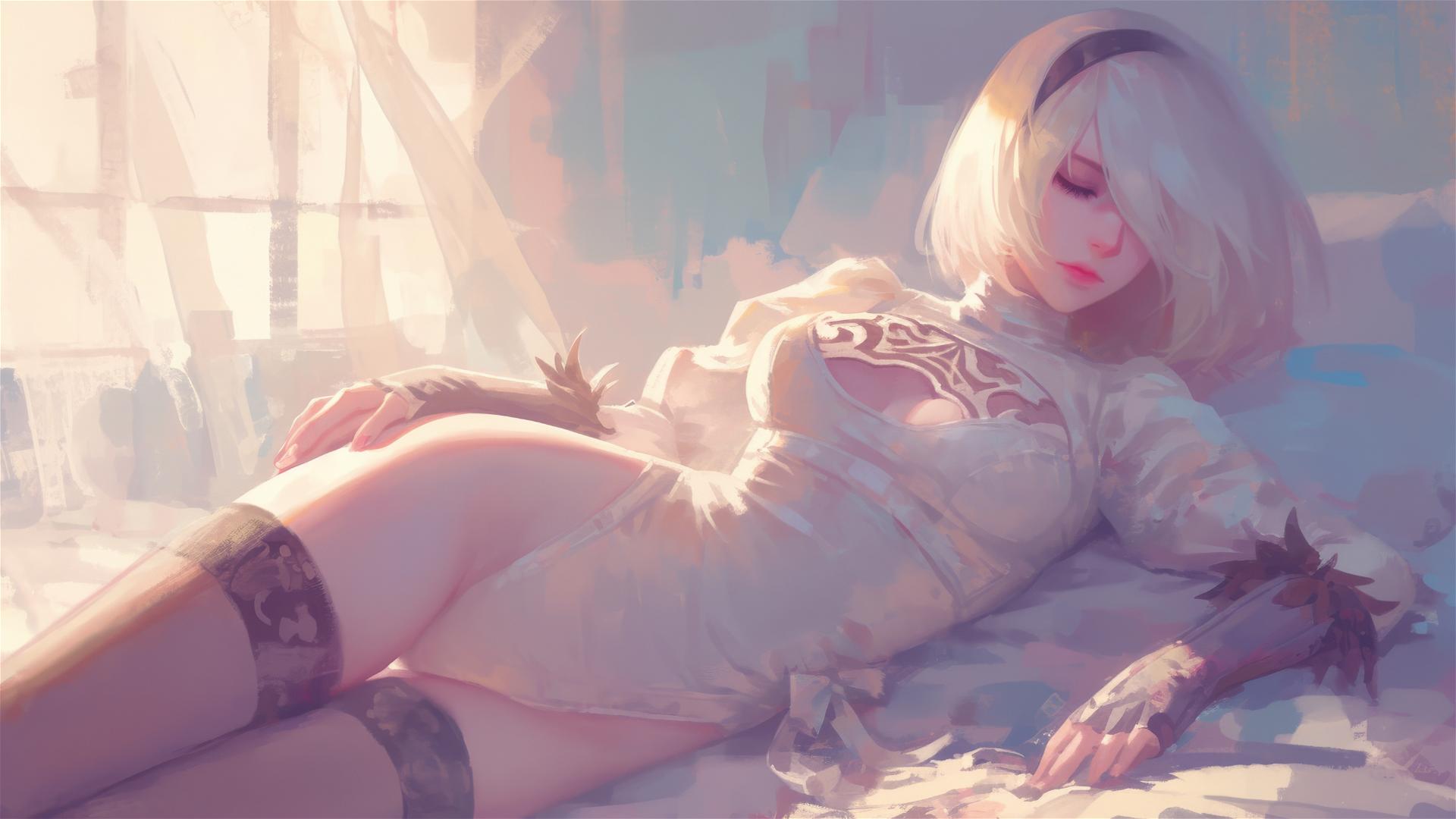 2B from Nier in white silk pajamas, basking in sunrise glow