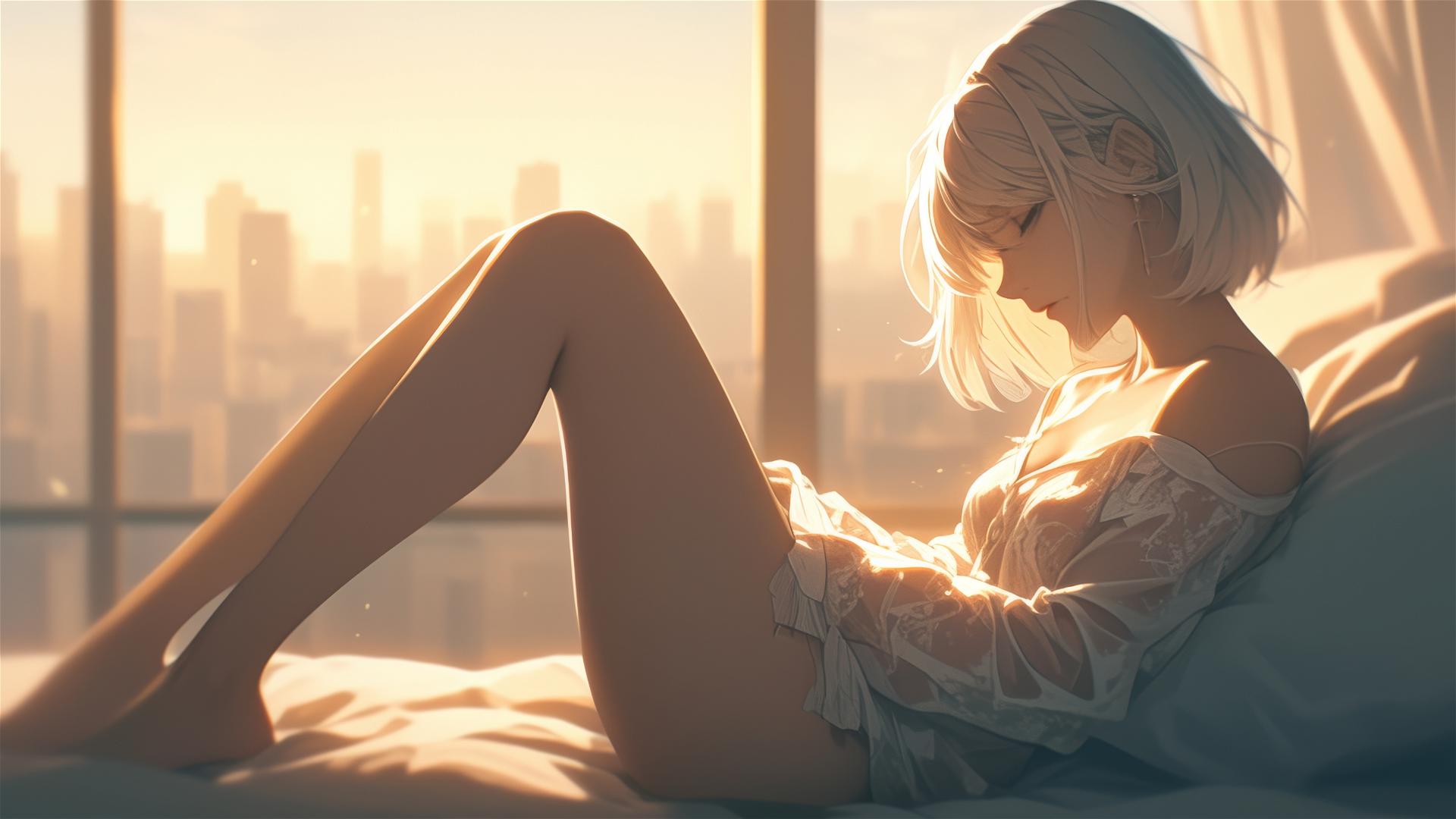 2B from Nier in white silk pajamas, basking in sunrise glow.