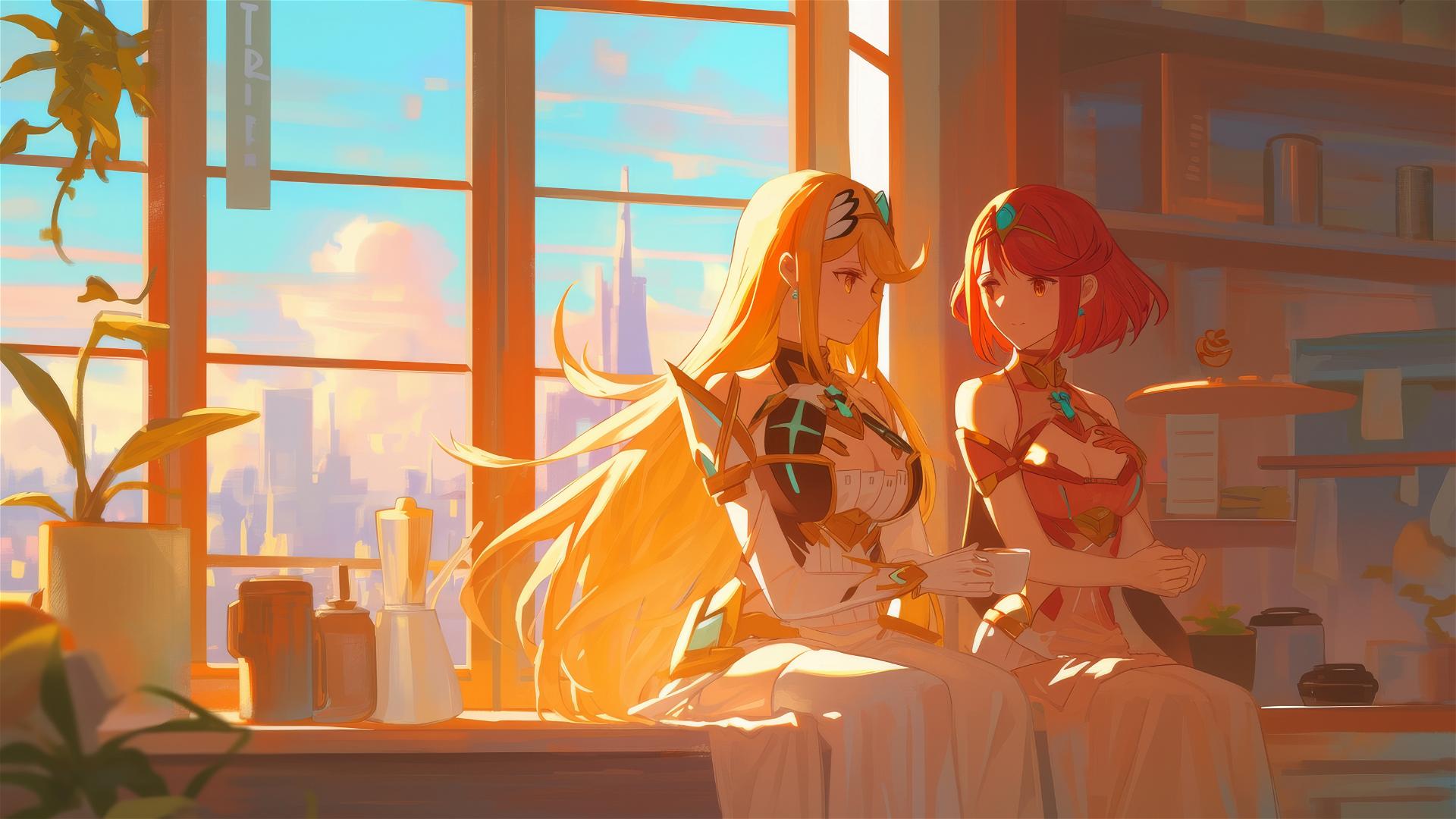 Pyra and Mythra in silk pajamas with coffee at sunrise.
