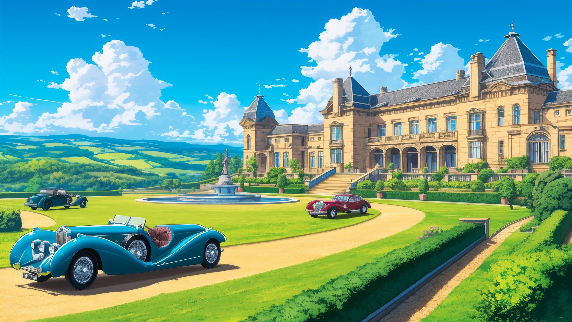 Luxurious cars event poster in Galicia, Spain with blue sky and grassy lawns.
