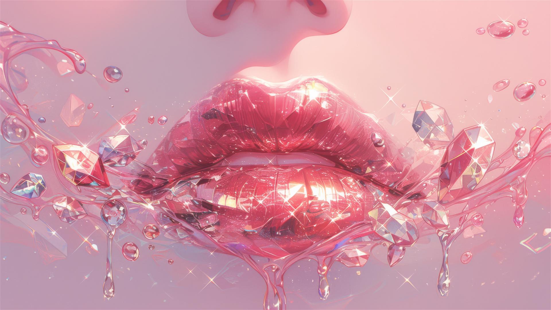 Caucasian woman's lips with pink Swarovski crystals and red liquid drip