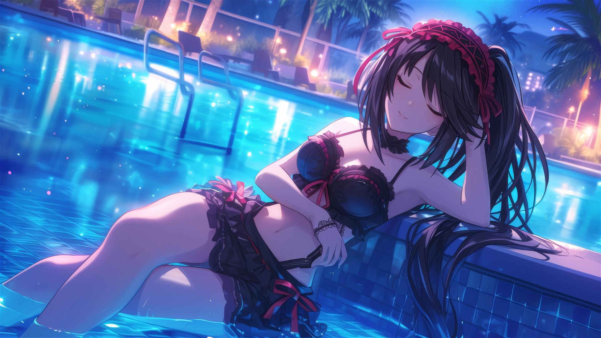 Kurumi Tokisaki by pool under moonlight