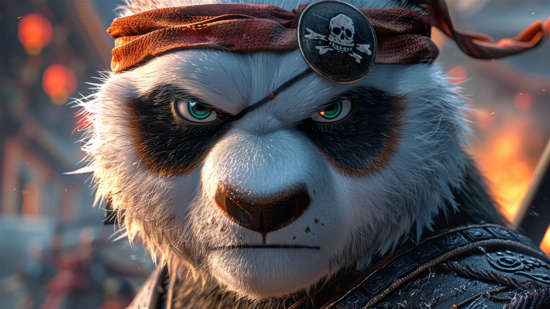 Pixar-style panda with eyepatch and smirk, textured fur and expressive eyes