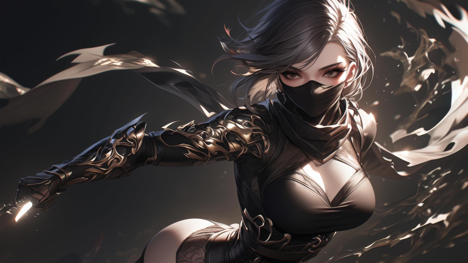 Ninja girl with short hair and dark mask in dynamic pose under spotlight