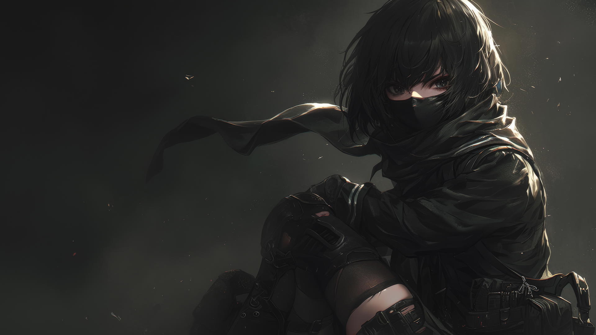 Tactical school girl in dynamic pose, short hair, thigh focus, dark mask.