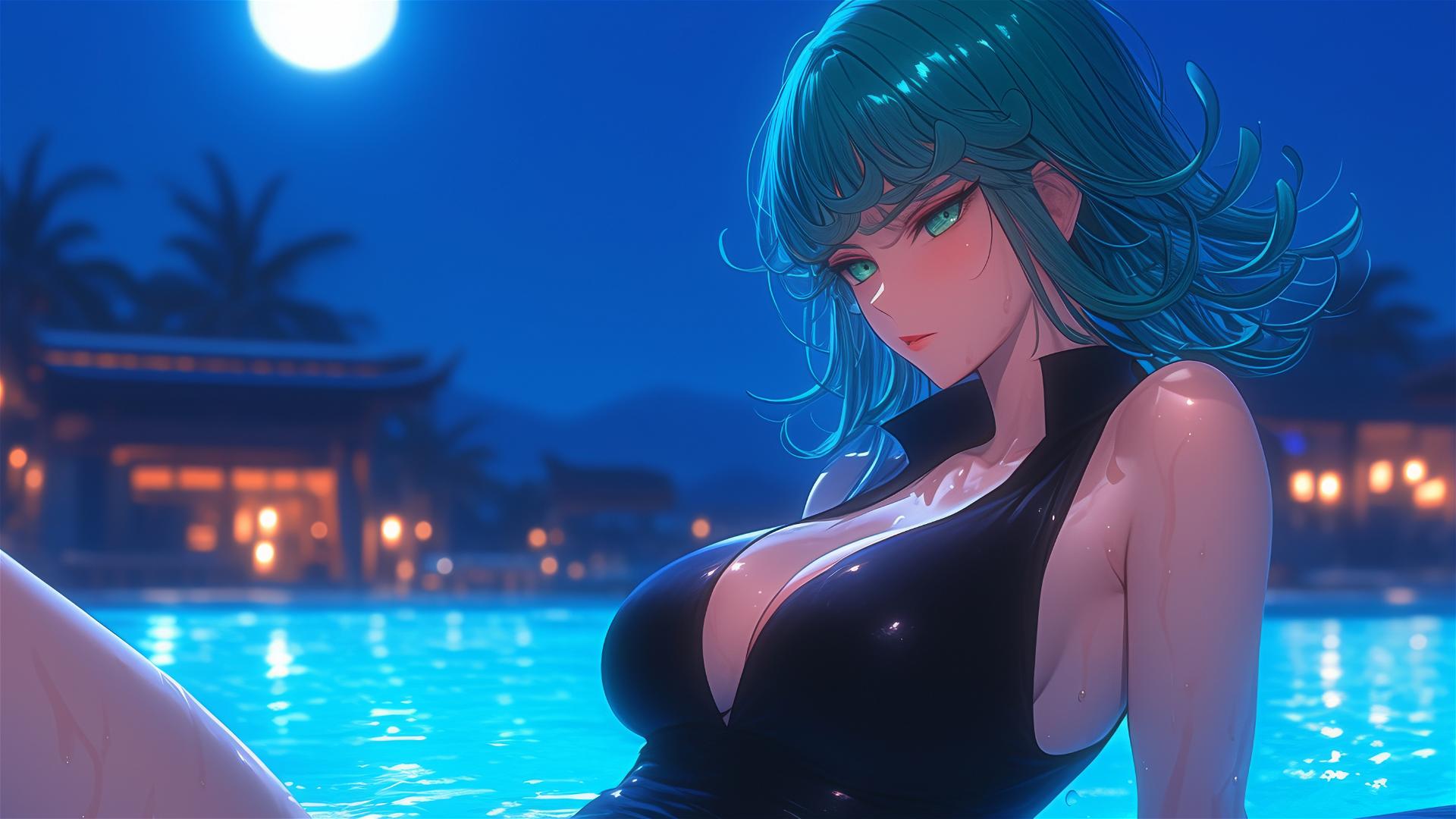 Tatsumaki from One Punch Man relaxing by the pool under moonlight