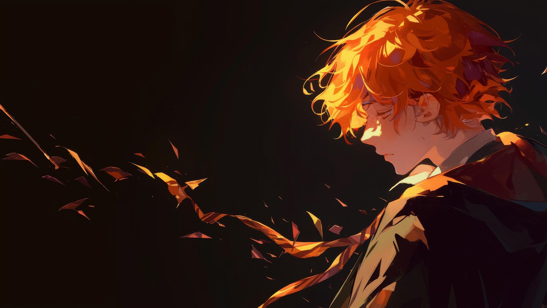 Artistic drawing of Ron Weasley from Harry Potter with a spotlight effect on a dark background.