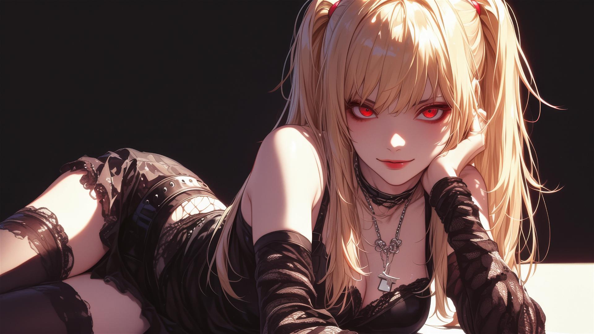 Misa Amane from Death Note in serene pose with highlighted red eyes against a shaded background
